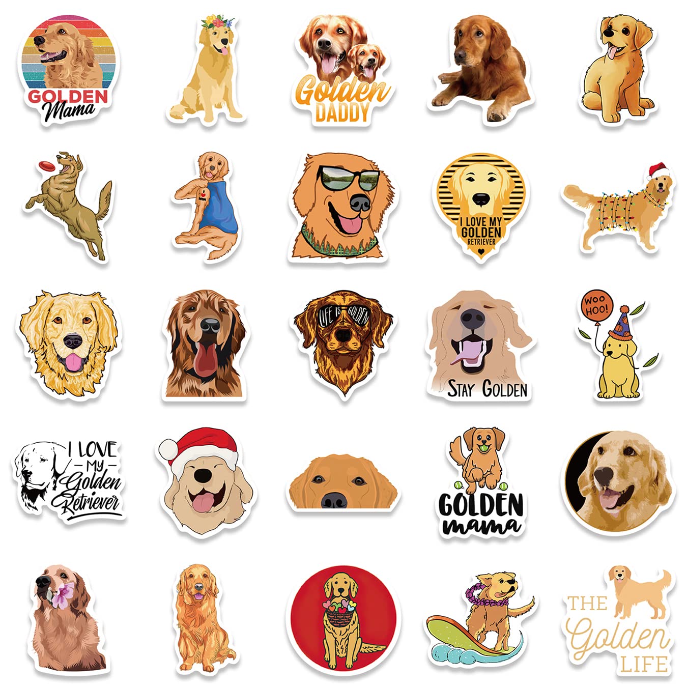 50Pcs Golden Retriever Stickers, Waterproof Vinyl Stickers Decals For Laptop Water Bottle Phone Luggage, Cute Cartoon Dog Sticke
