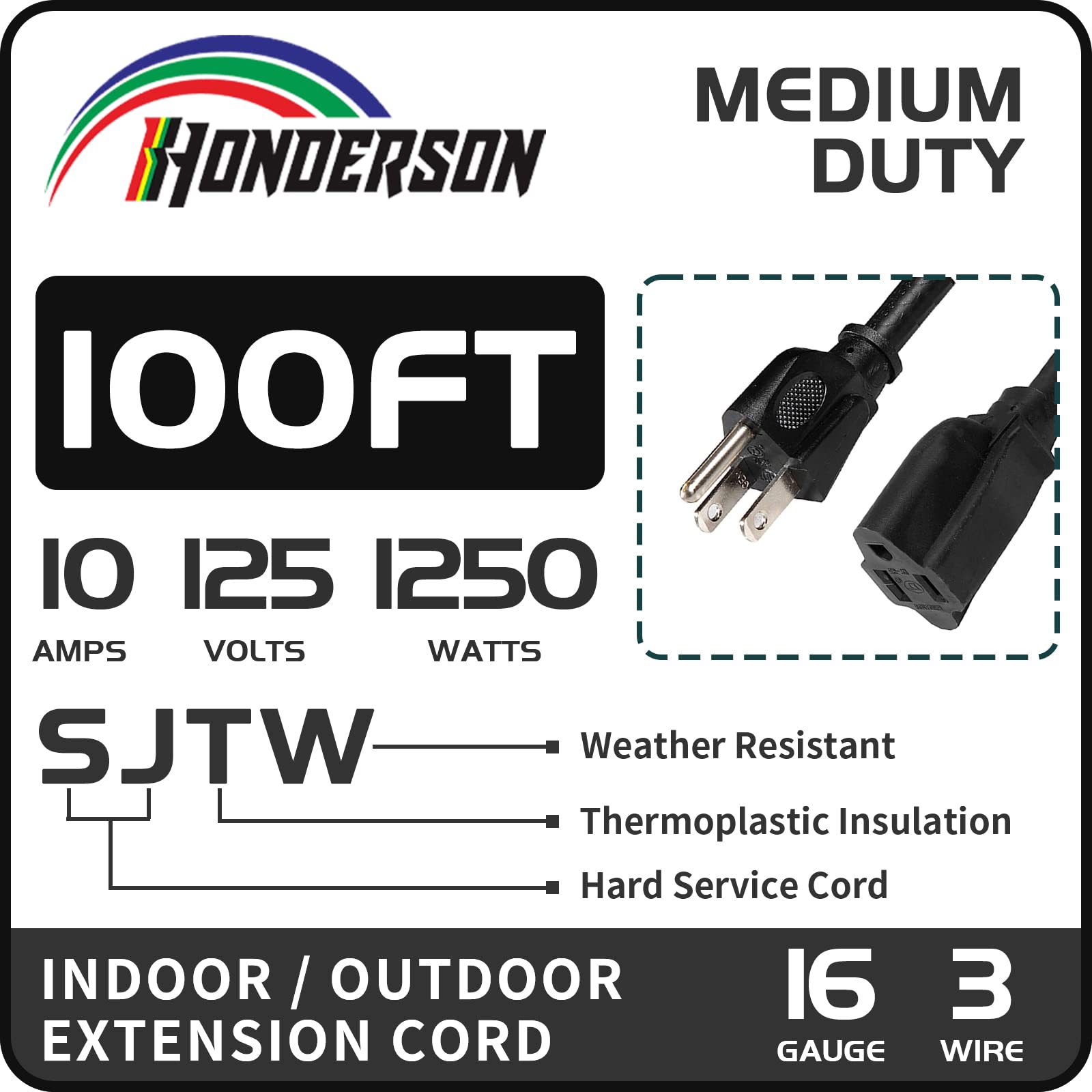 Honderson 100Ft Outdoor Extension Cord 16/3 Sjtw Durable Black Extension Cable With 3 Prong Grounded Plug For Safety,Great For O