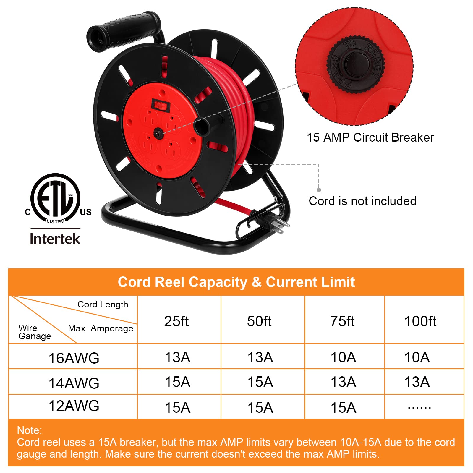 Suraielec Extension Cord Reel, 15 Amp Circuit Breaker, Multiple Outlets, Holds 100 Ft 16/3, 14/3 Or 75Ft 12/3 Cord, Portable Emp