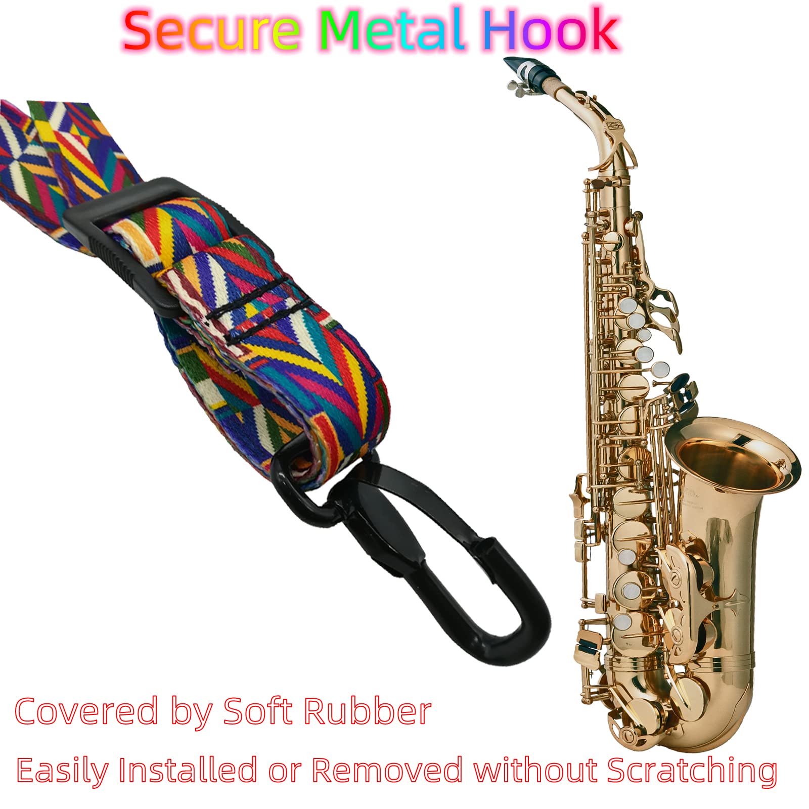 Xinlinke Saxophone Neck Strap Soft Padded Rainbow Braided Pattern For Alto Baritone Soprano Sax