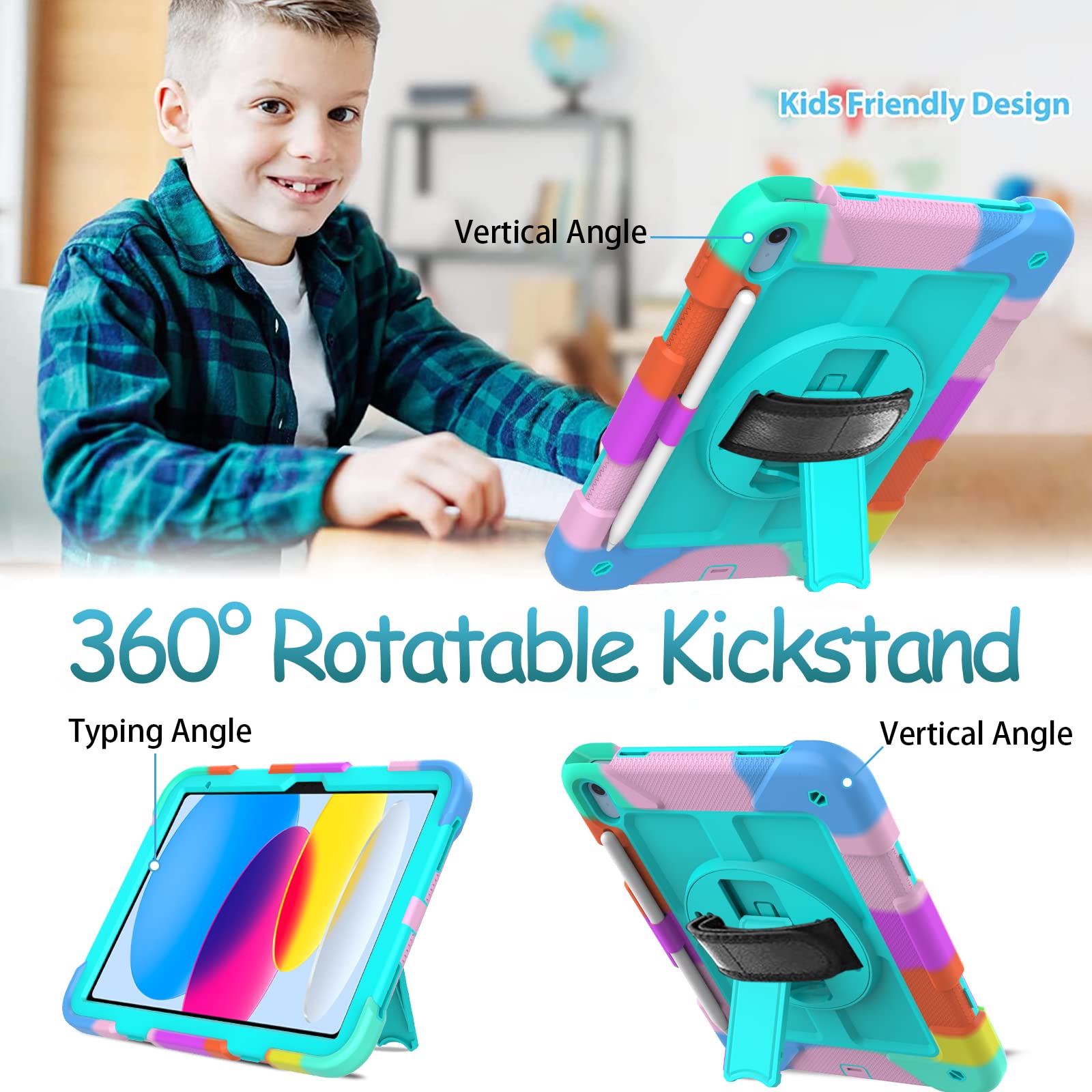 Bmouo Ipad 10Th Generation Case   Ipad 10.9 2022 Case With Screen Protector, 360 Rotating Stand & Pencil Holder & Hand & Shoulde