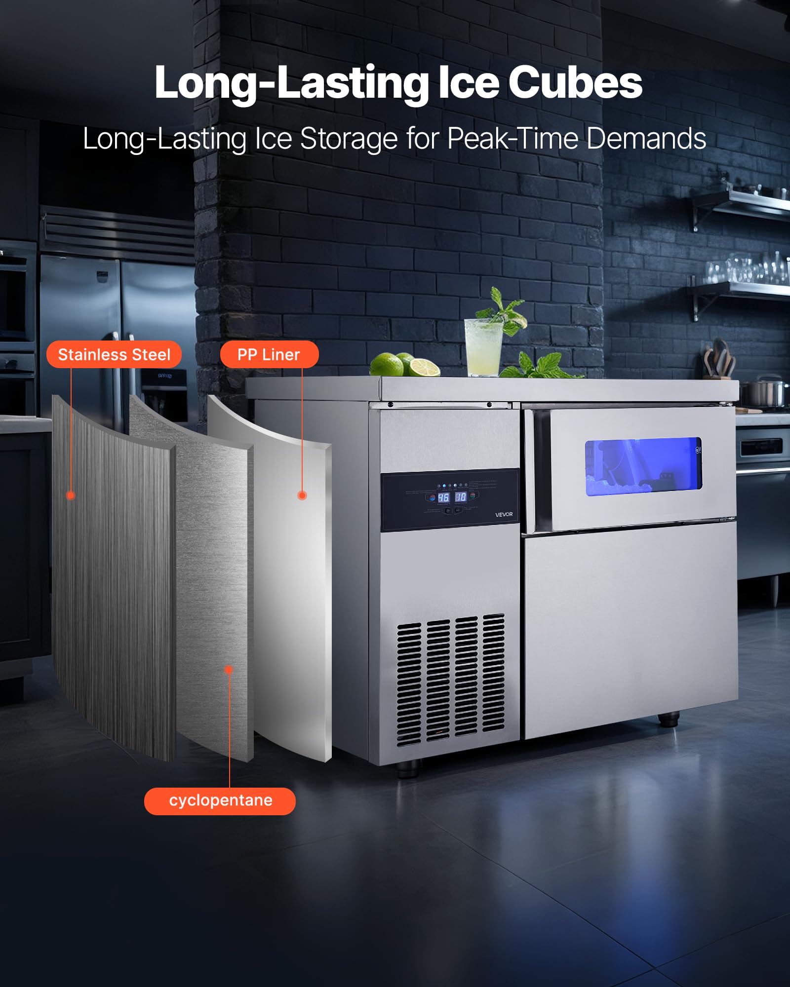 Vevor Commercial Ice Maker Machine, 265 Lbs/24H Stainless Steel Ice Machine With Worktop, 66 Lbs Storage & 126 Cubes/Cycle, Self