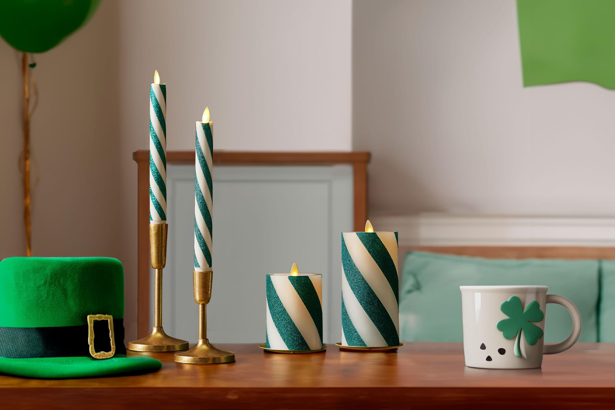 Luminara   Flameless Battery Operated Taper Candle   Candy Cane Green  Pack Of 2 1X9.75   Led Flickering Flame  Realistic Safe F