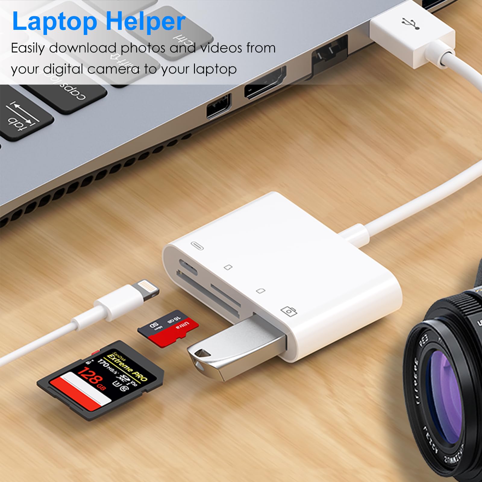 4 In 2 Sd Card Reader For Iphone/Ipad/Camera/Computer, Lightning + Usb A Connector To Sd/Tf Card Reader Adapter With Charging Po
