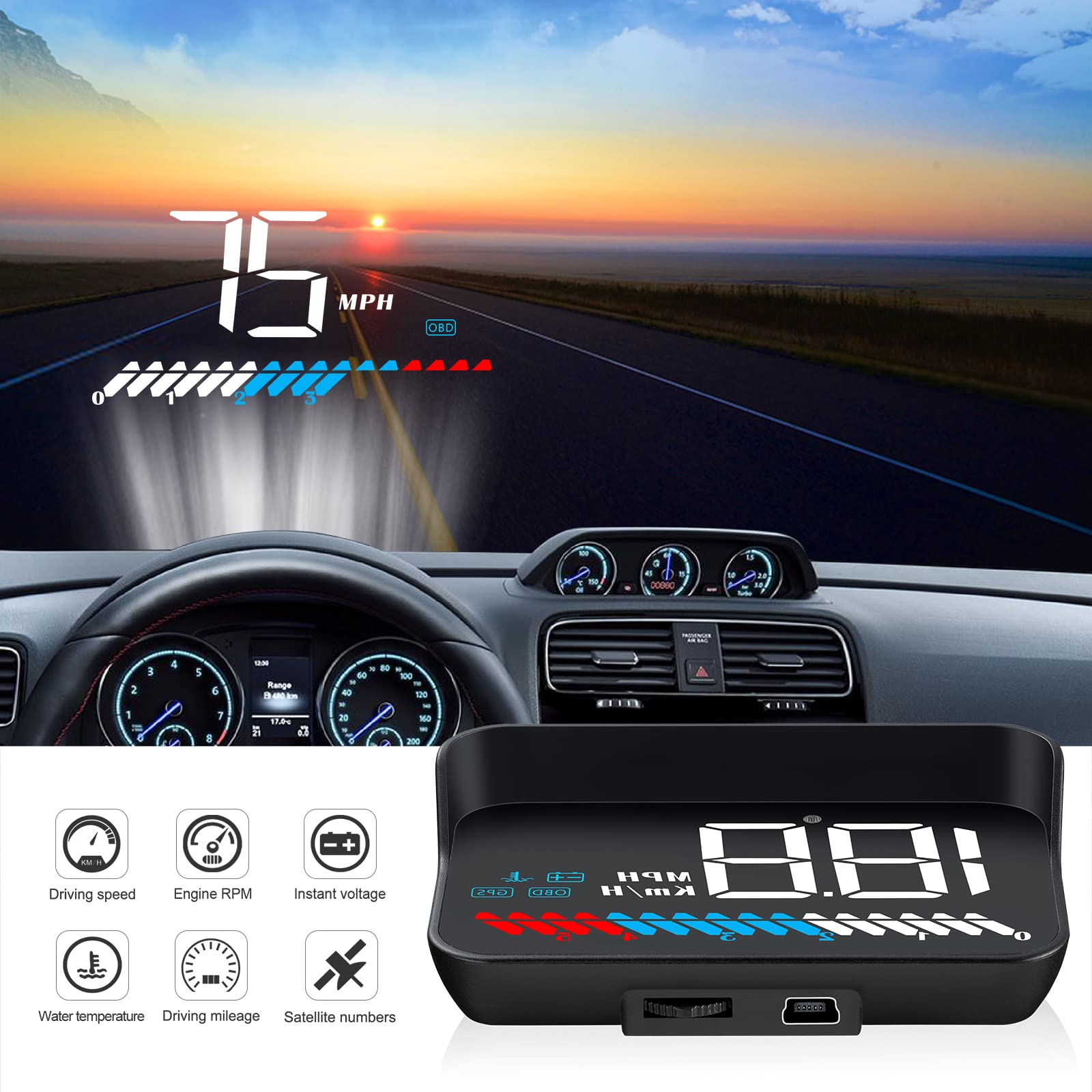 Car Hud Head Up Display M7, Obd/Gps Smart Gauge, Driving Speed, Engine Rpm, Voltage, Water Temperature, Etc.., Works Great For A