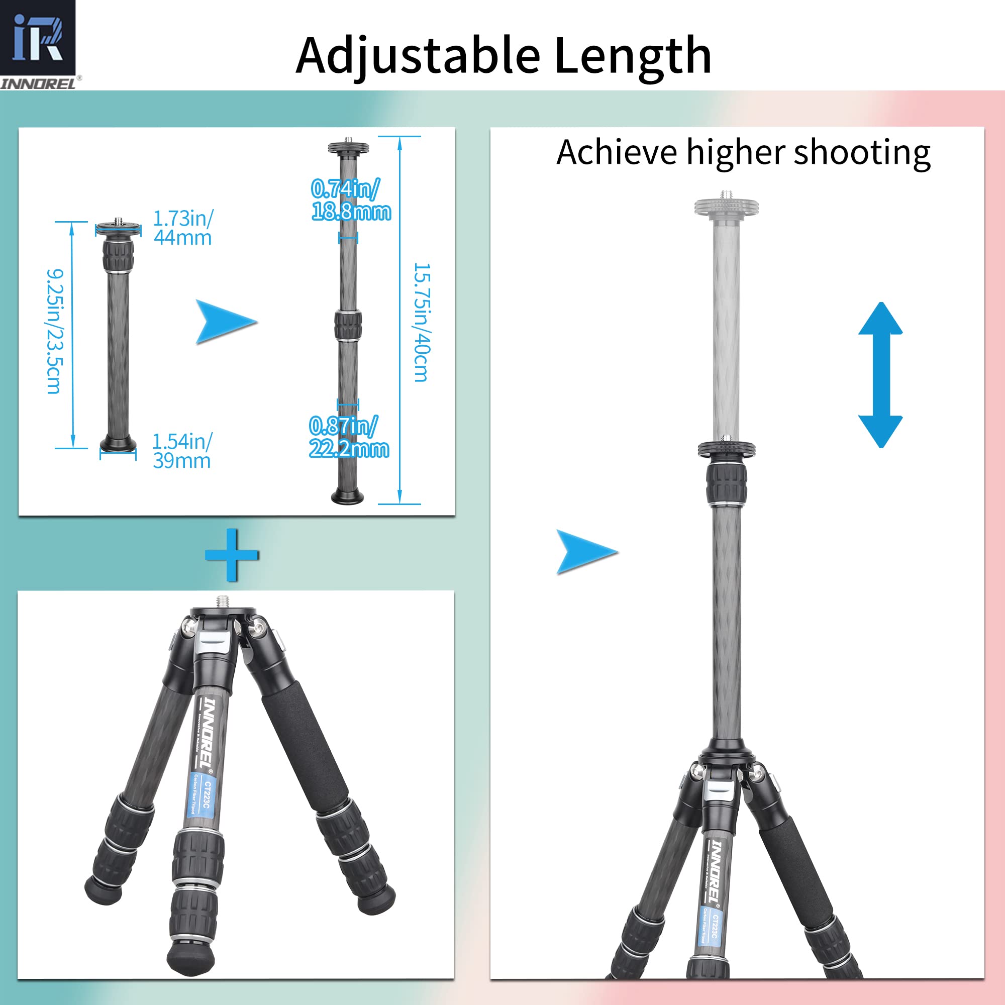Innorel Er222C Universal Carbon Fiber Tripod Center Column Extension Pole Extender Tripod Two Section Mid Column Extension Rod P