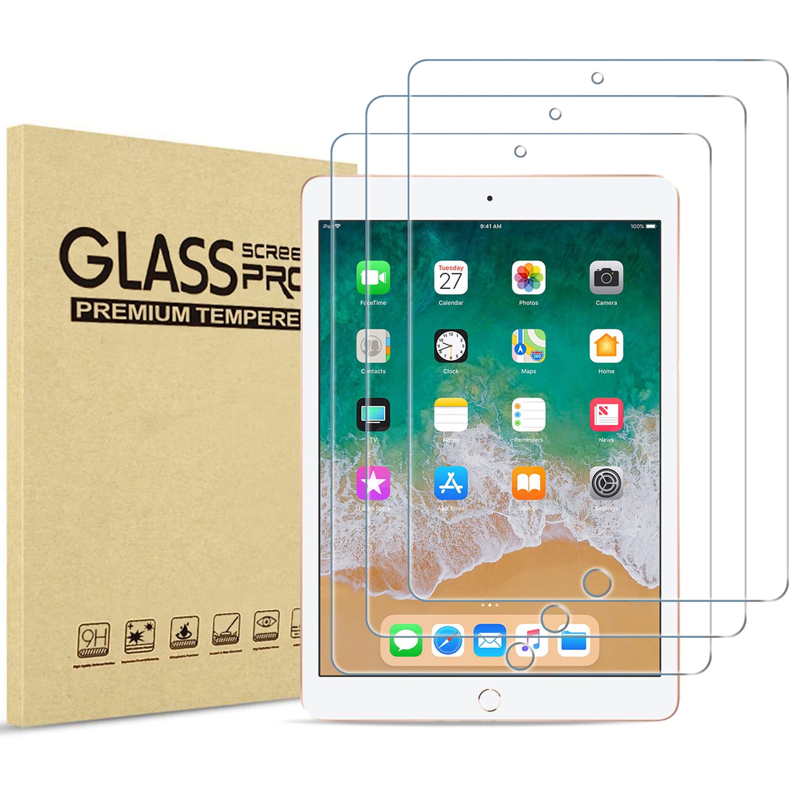 Procase 3 Pack Screen Protector For 9.7'' Ipad 6Th 5Th / Ipad Pro 9.7 2016 / Ipad Air 2 / Ipad Air 1, Tempered Glass Film Guard
