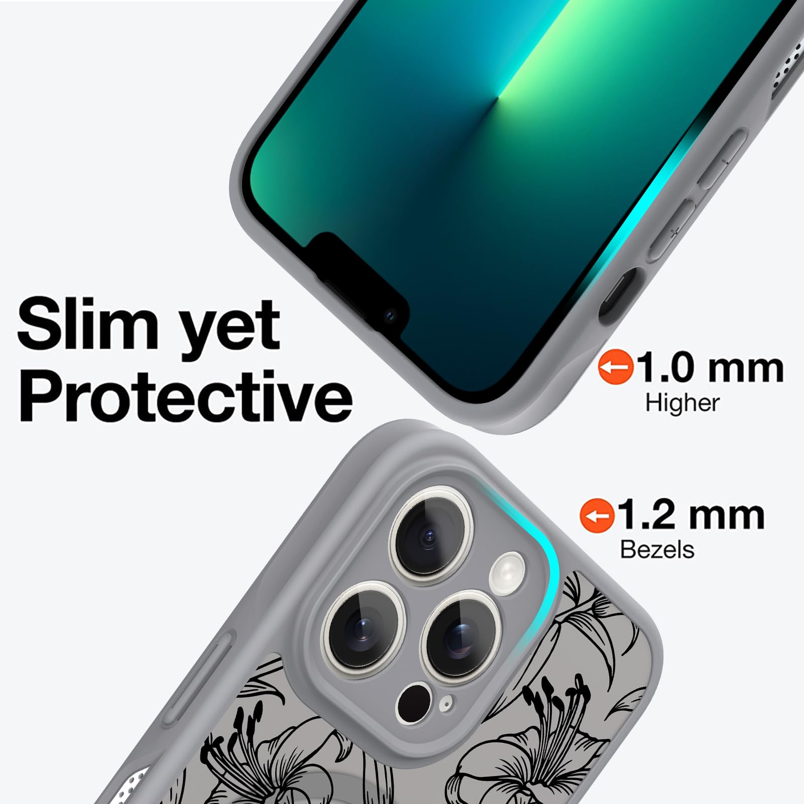 Ook Magnetic For Iphone 13 Pro Max Case Grey Flower Lily Pattern [Compatible With Magsafe] Slim Translucent Matte Camera Lens Pr