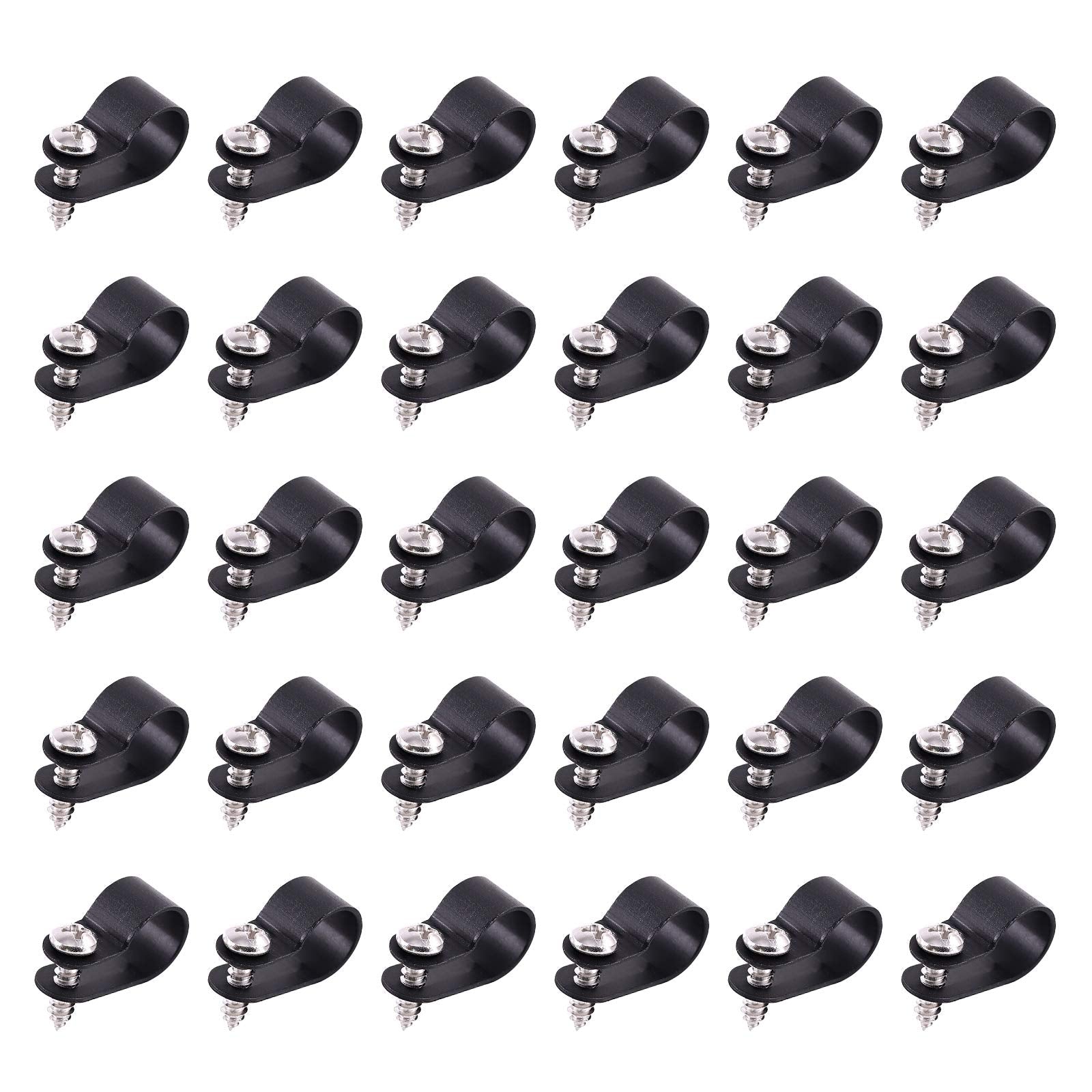 Swpeet 60 Pack Black 1/2 Inch Nylon Plastic R Type Cable Clips Clamp Kit, Nylon Screw Mounting Cord Fastener Clips With 60 Pack