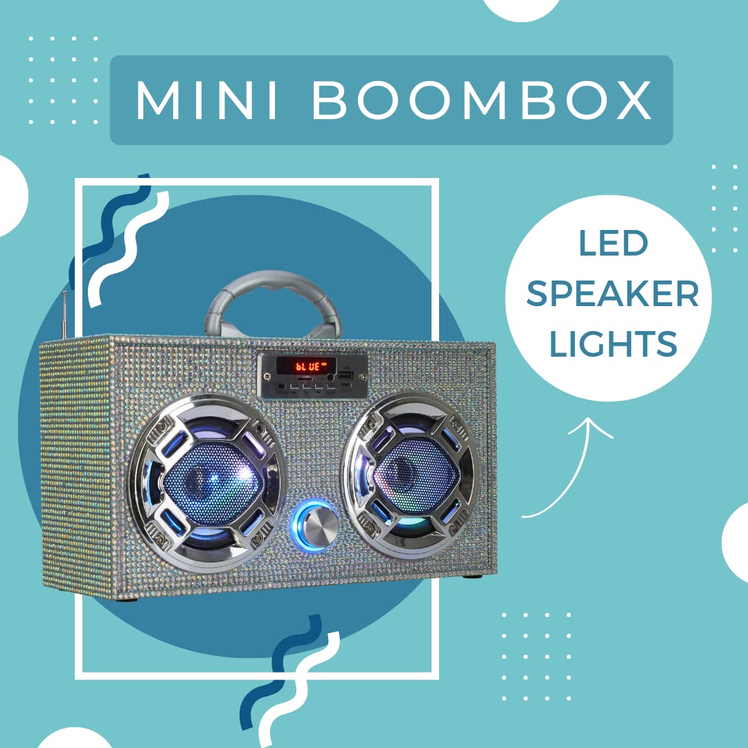 Wireless Express   Mini Boombox With Led Speakers   Retro Bluetooth Speaker W/Enhanced Fm Radio   Perfect For Home And Outdoor (Iridescent Bling)
