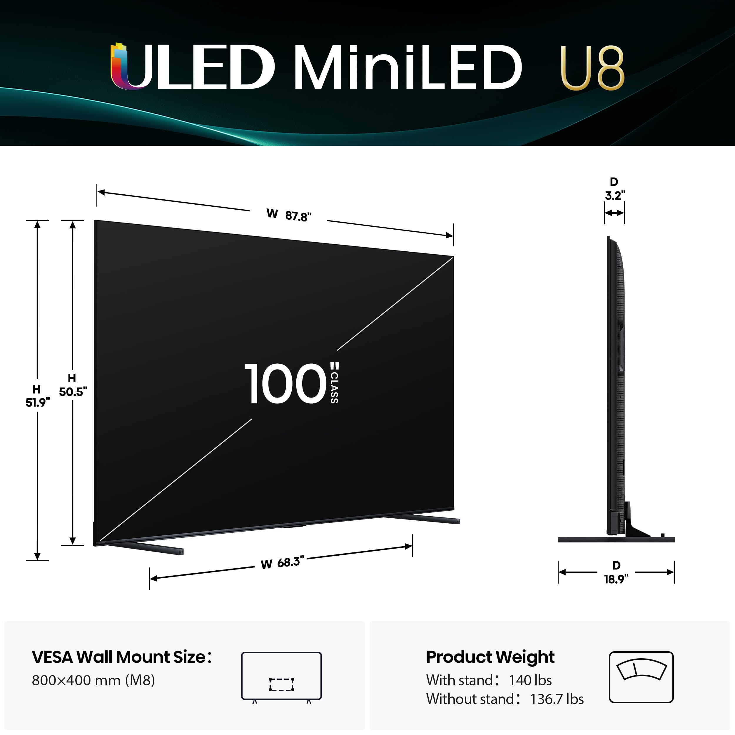 Hisense 100'' Class U8 Mini-Led Uled 4K Uhd Google Smart Tv (100U8Qg, 2025 Model) - Qled, Native 165Hz, Vrr 288, Up To 5000 Nits