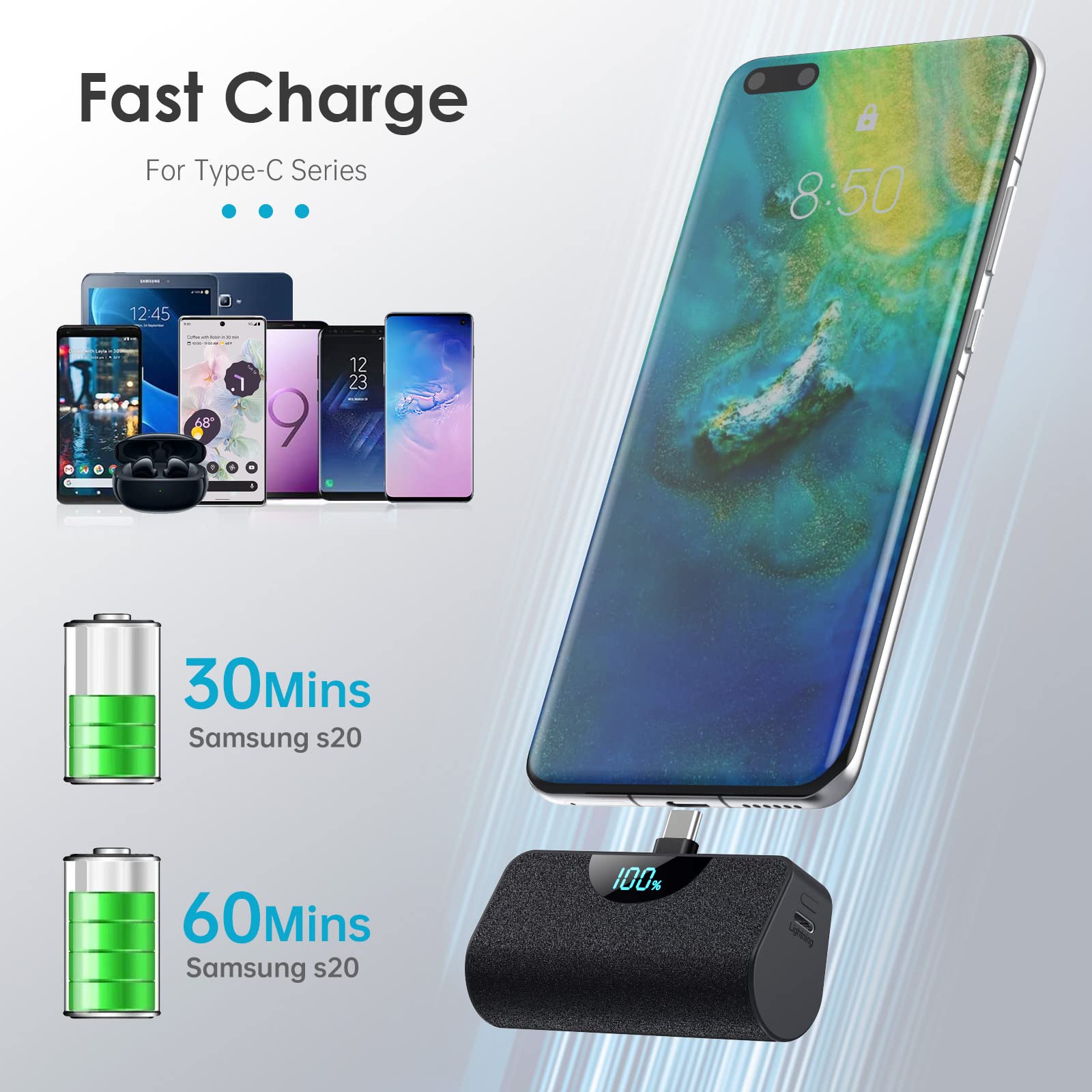 Mini Portable Charger Usb-C Power Bank 5200Mah,Ultra Compact Lcd Display Battery Pack Backup Charger Compatible With Iphone 16/1