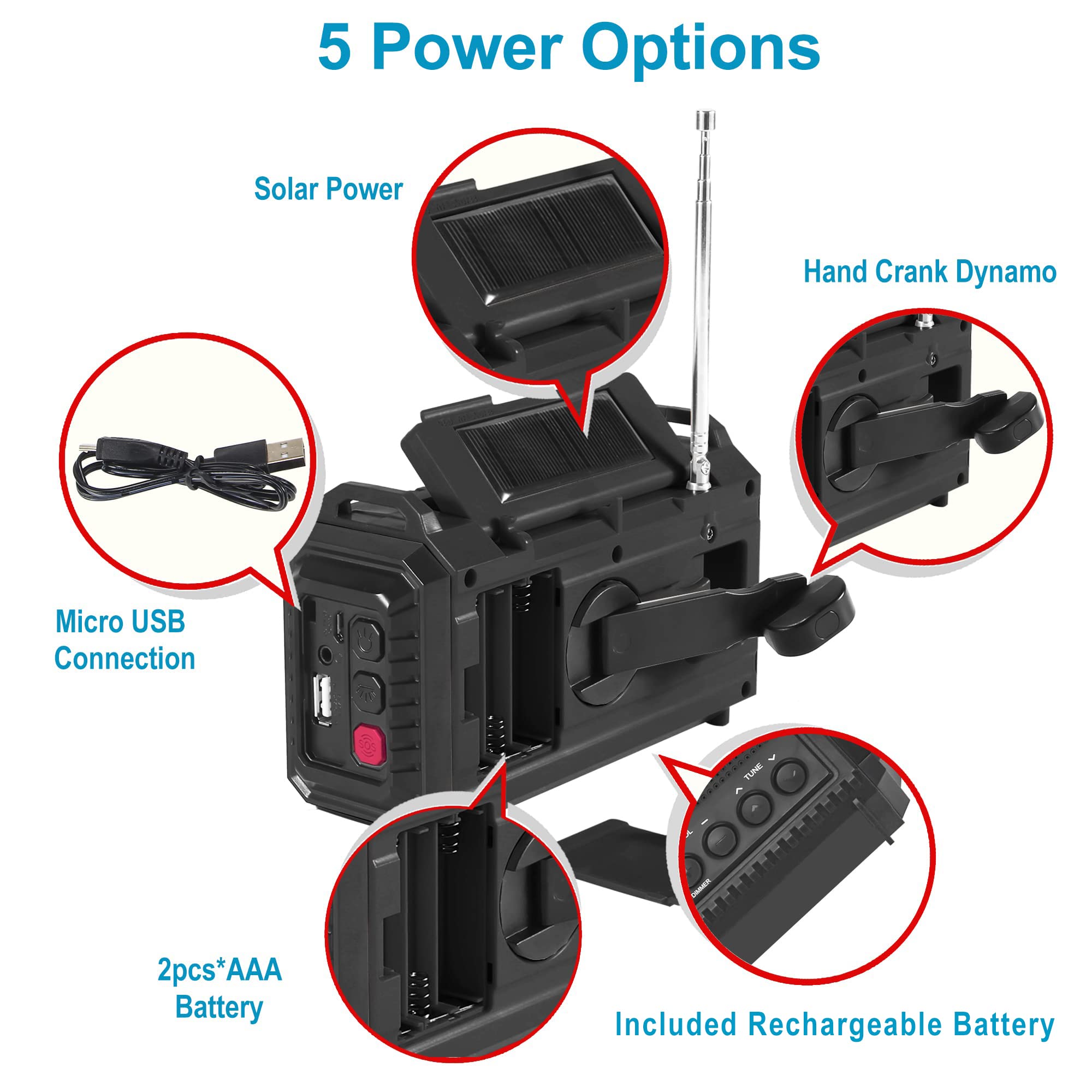 Auto Noaa Digital 5000 Weather Radio With Backlit Lcd Screen, 5 Way Powered Solar Hand Crank Portable Am/Fm/Shortwave Emergency