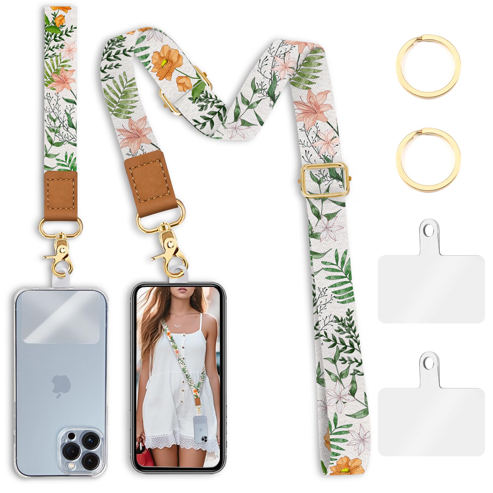 Piefly Phone Lanyard Crossbody Wrist Strap, Flower Cell Phone Lanyards For Around The Neck Wristlet Shoulder, Adjustable Floral