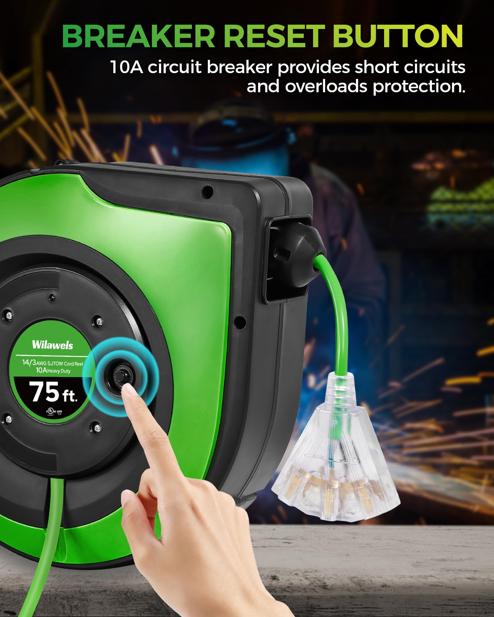 Wilawels Retractable Cord Reel, 75 Ft Heavy Duty Extension Cord, 14Awg/3C Sjtow, 3 Grounded Outlets Lighted Triple Tap, 10A Circ