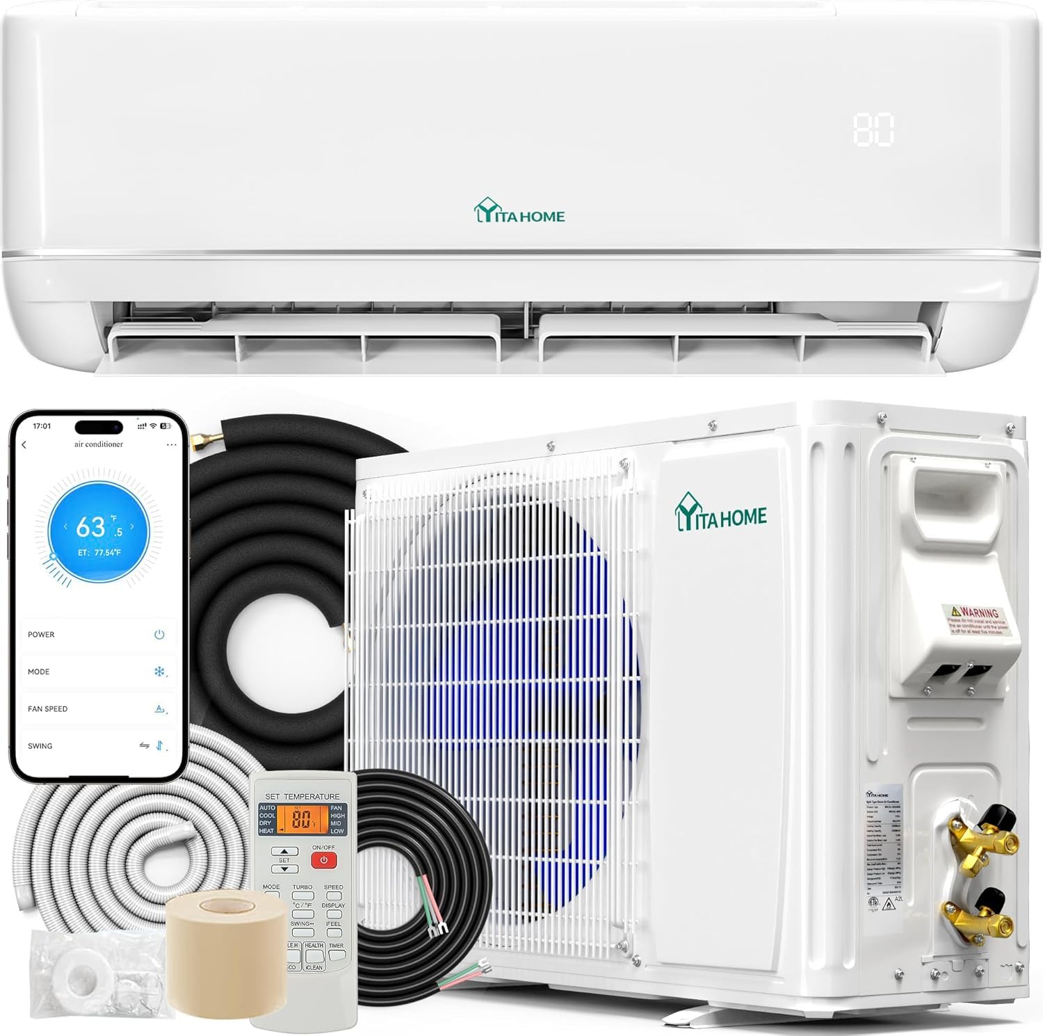 YITAHOME 21 SEER2 18000 BTU Mini Split AC/Heating System 208-230V, Pre-charged Inverter System with Wi-Fi & Alexa Compatibility,