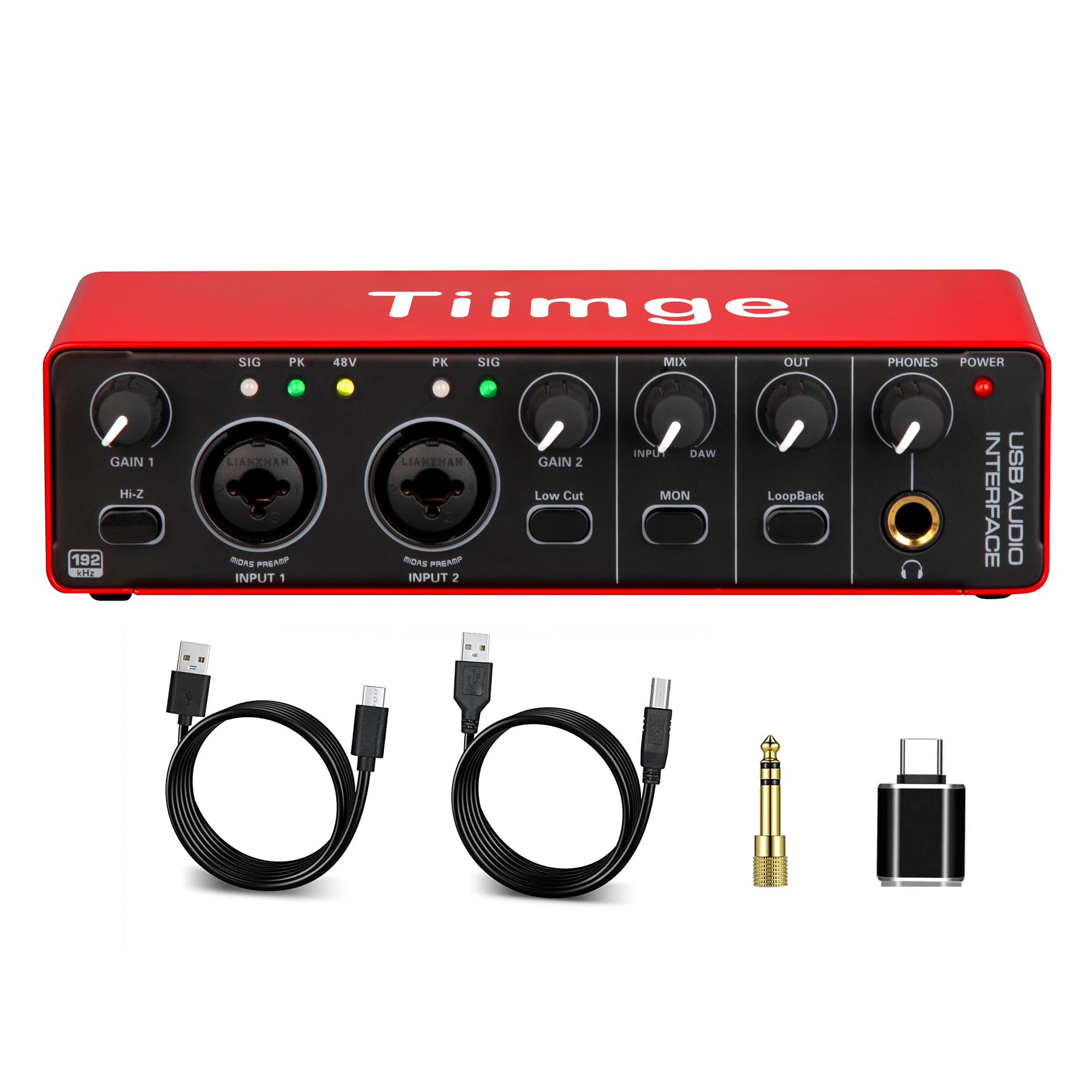Tiimge 2X2 Usb Audio Interface For Pc, With 48V Phantom Power, 24Bit/192Khz High Fidelity, Mic Preamplifier Xlr/Tsr/Ts Ports, Co