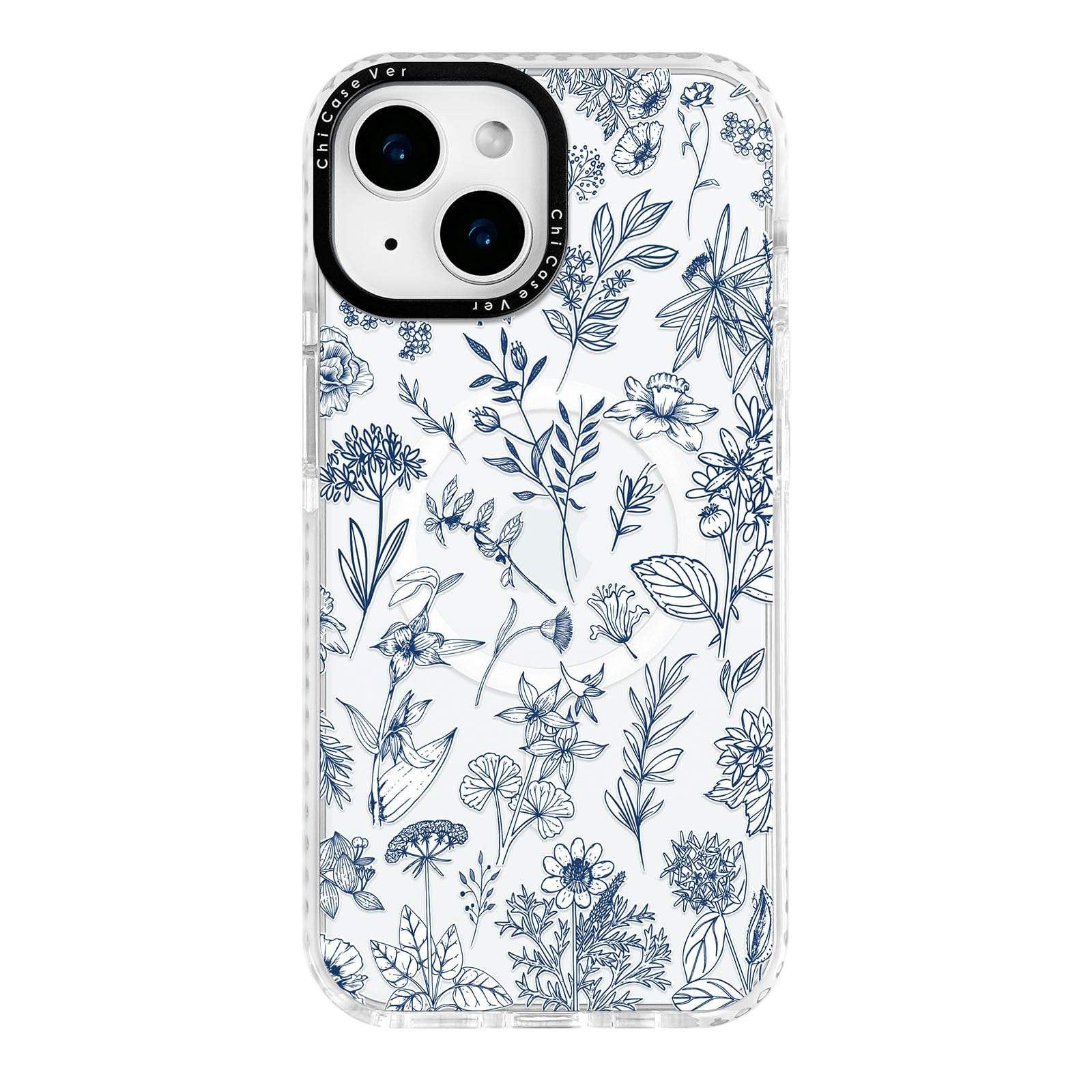 ChiCaseVer for iPhone 13 mini Case, Blue White Floral Botanical Pattern, Elegant Soft Slim TPU Compatible with MagSafe & Militar