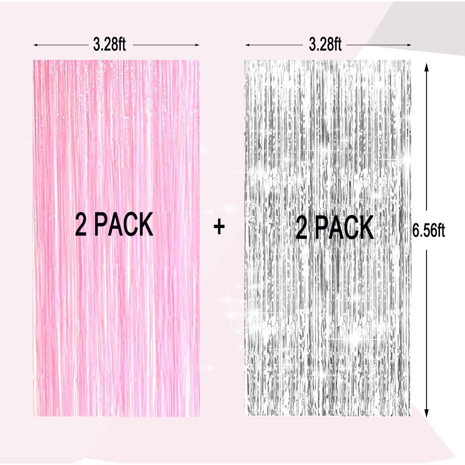 Eufars Pink Party Backdrop Decorations - 4 Pack Pastel Pink And Silver Foil Fringe Curtains For Birthday Bachelorette Graduation