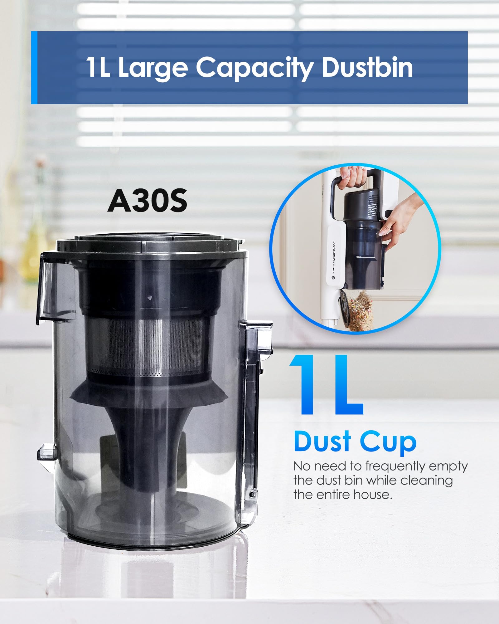 Tineco A30S Cordless Stick Vacuum Cleaner, 160W Powerful Suction, 60 Minutes Runtime, 1L Larger Dustbin, Rechargeable Lightweigh