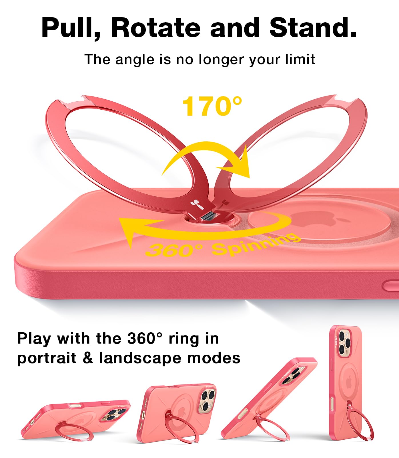 Torras Upgraded 360Spin Magnetic Stand For Iphone 16 Pro Case, Fit For Magsafe, Built In Kickstand & Ring Holder, Mil Grade Prot