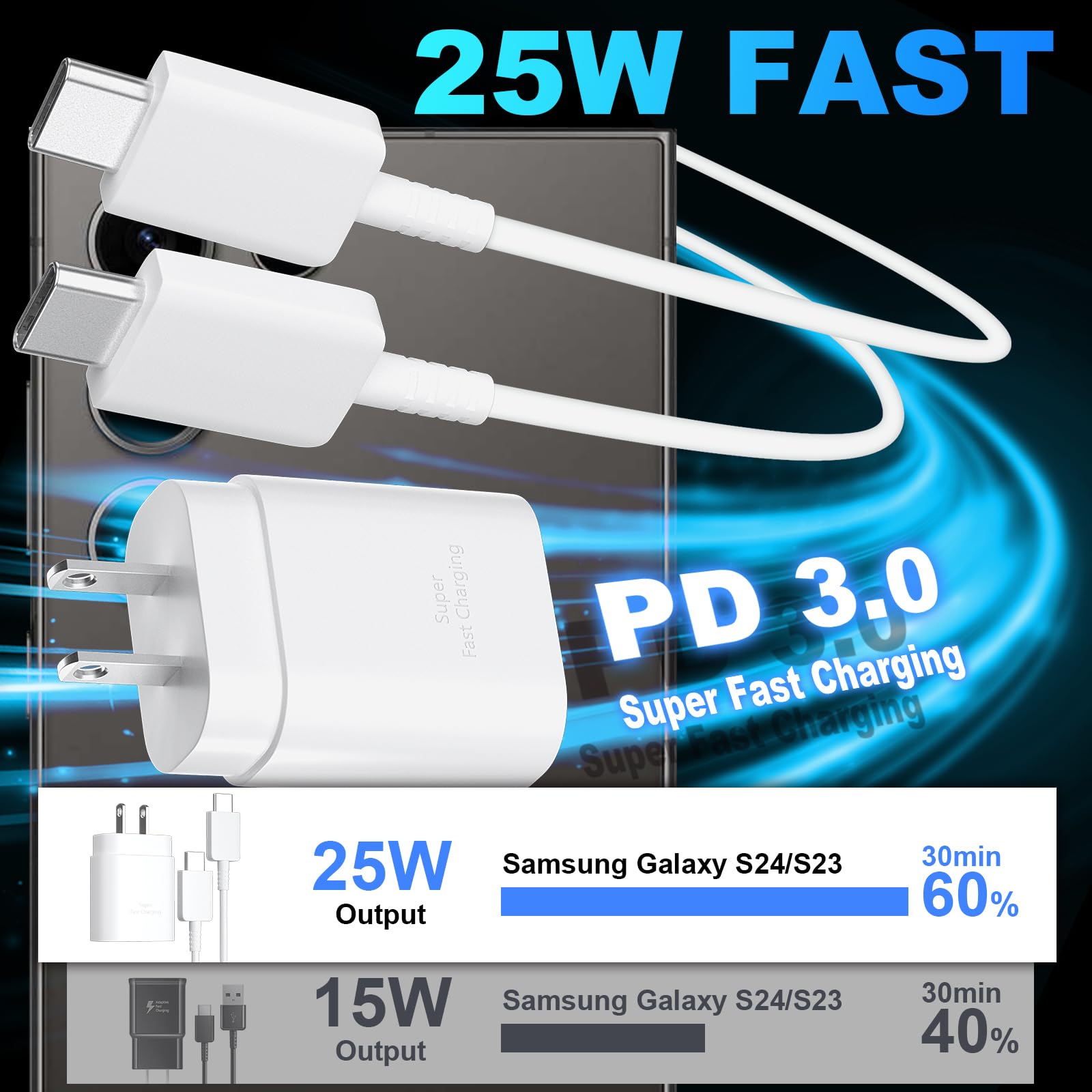 Samsung Fast Charger Type C 25W Android Charger 10Ft Usb C Charger Cable Fast Charging Block For Samsung Galaxy S23/S23 Ultra/S2