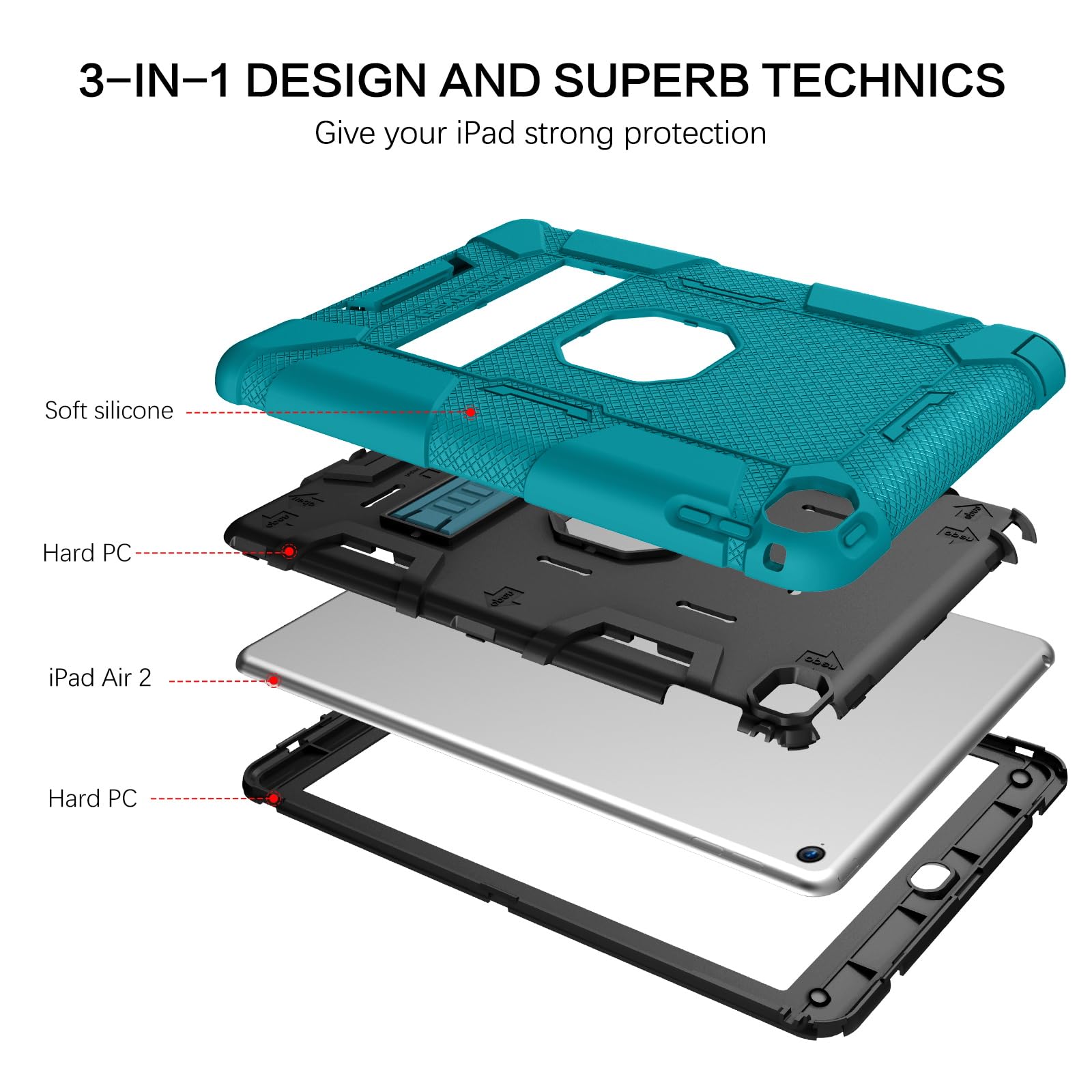 Bentoben Ipad Air 2 Case, [Hybrid Shockproof Case] With Kickstand Rugged Triple Layer Shock Resistant Drop Proof Case Cover For