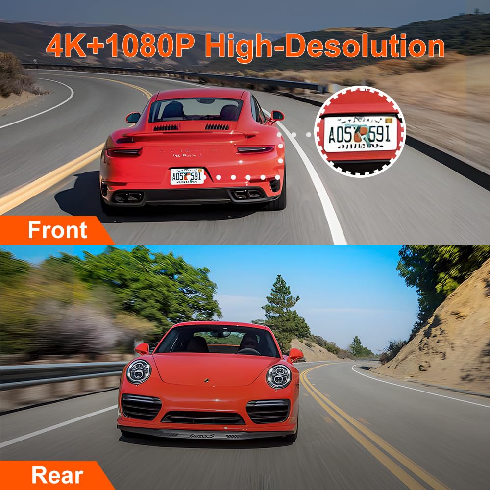 Spade Dash Cam Front And Rear, Built In Wifi 4K+1080P Dual Camera For Cars, Compact Dashcams With App, Voice Control, 24H Parkin