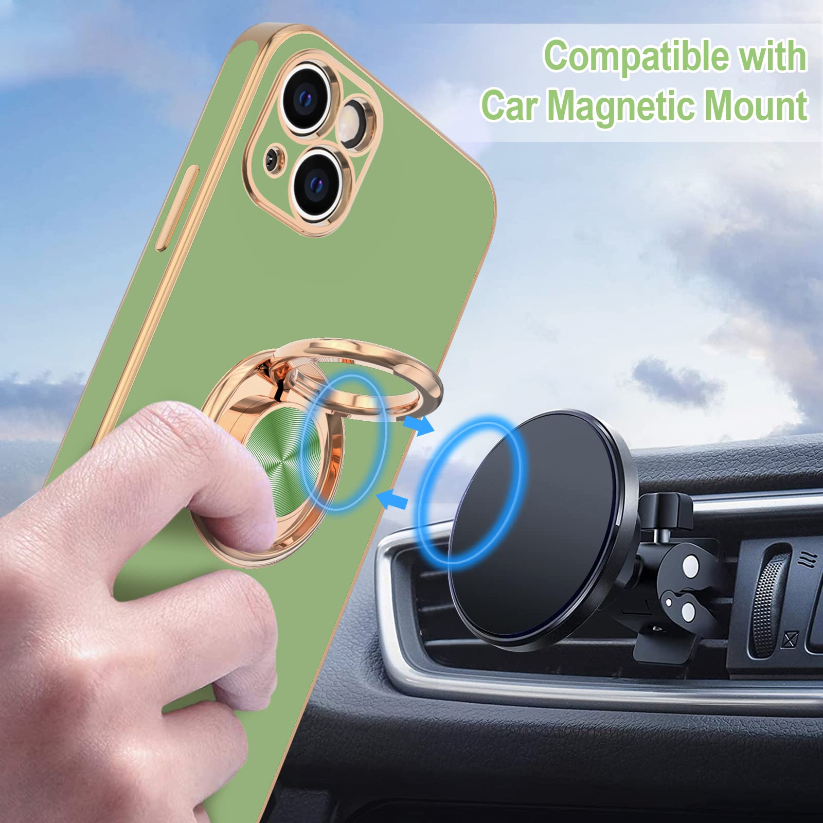 Hython iPhone 13 Phone Case with 360° Ring Stand Magnetic Kickstand Plated Rose Gold Edge TPU Light Green
