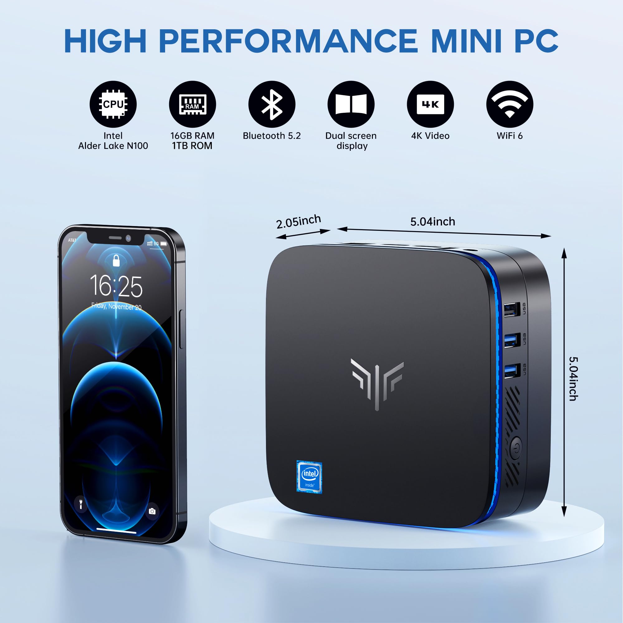Kamrui Desktop Mini Pc, Ak1Plus 16Gb Ram 1Tb Ssd Mini Computer With Alder Lake N100 Processor, Quad Core Small Computers 4K Uhd,
