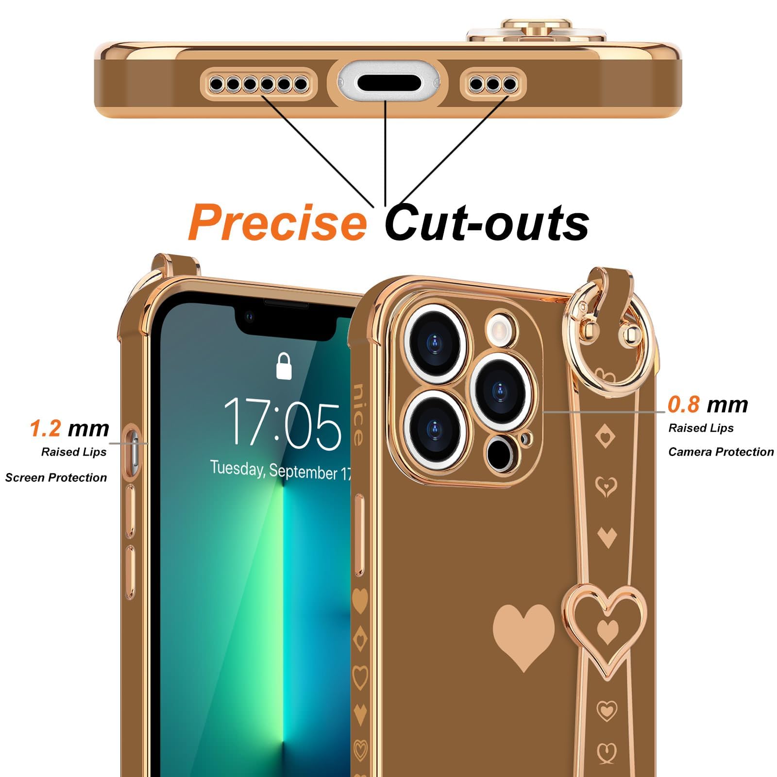 Llz. Coque For Iphone 13 Pro Max Case Cute Love Heart Plating Strap Phone Cover For Women Girlss Bling Silicone Camera Lens Prot