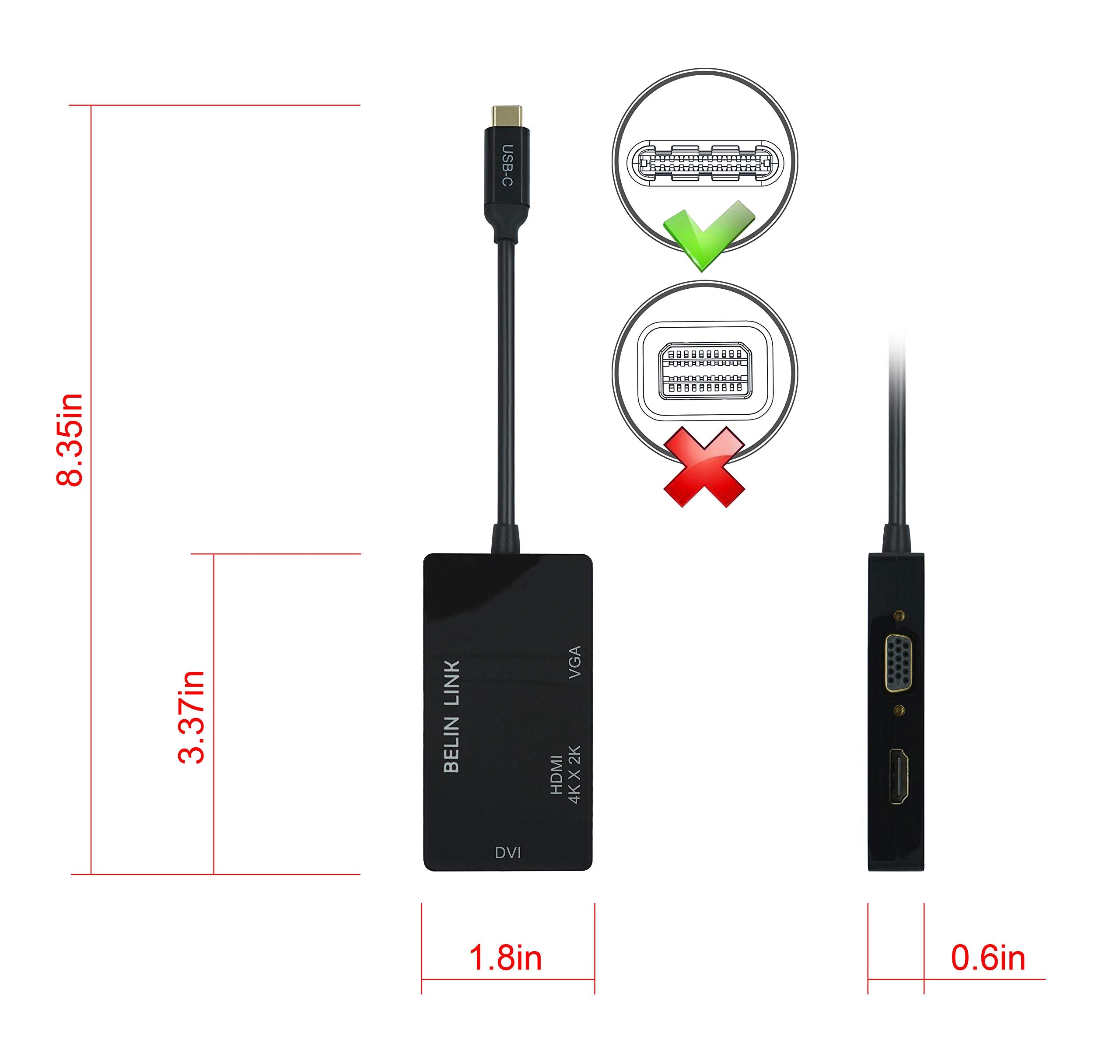 BELIN LINK USB-C Thunderbolt 3 to HDMI VGA DVI 3-in-1 Video Adapter Gold-Plated Black 4K