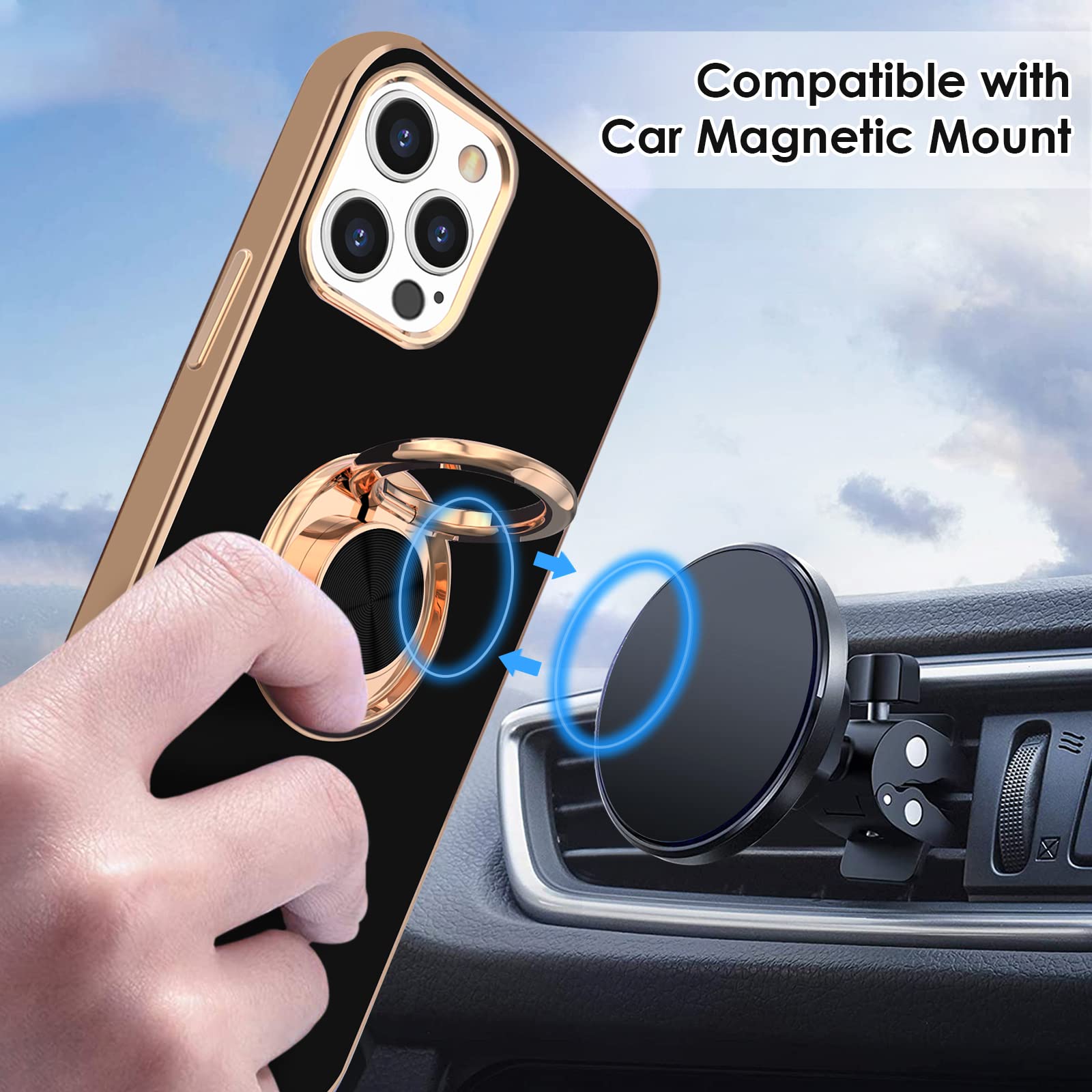 Hython For Iphone 13 Pro Case With Ring Stand [360 Rotatable Ring Holder Magnetic Kickstand] [Support Car Mount] Plating Rose Go