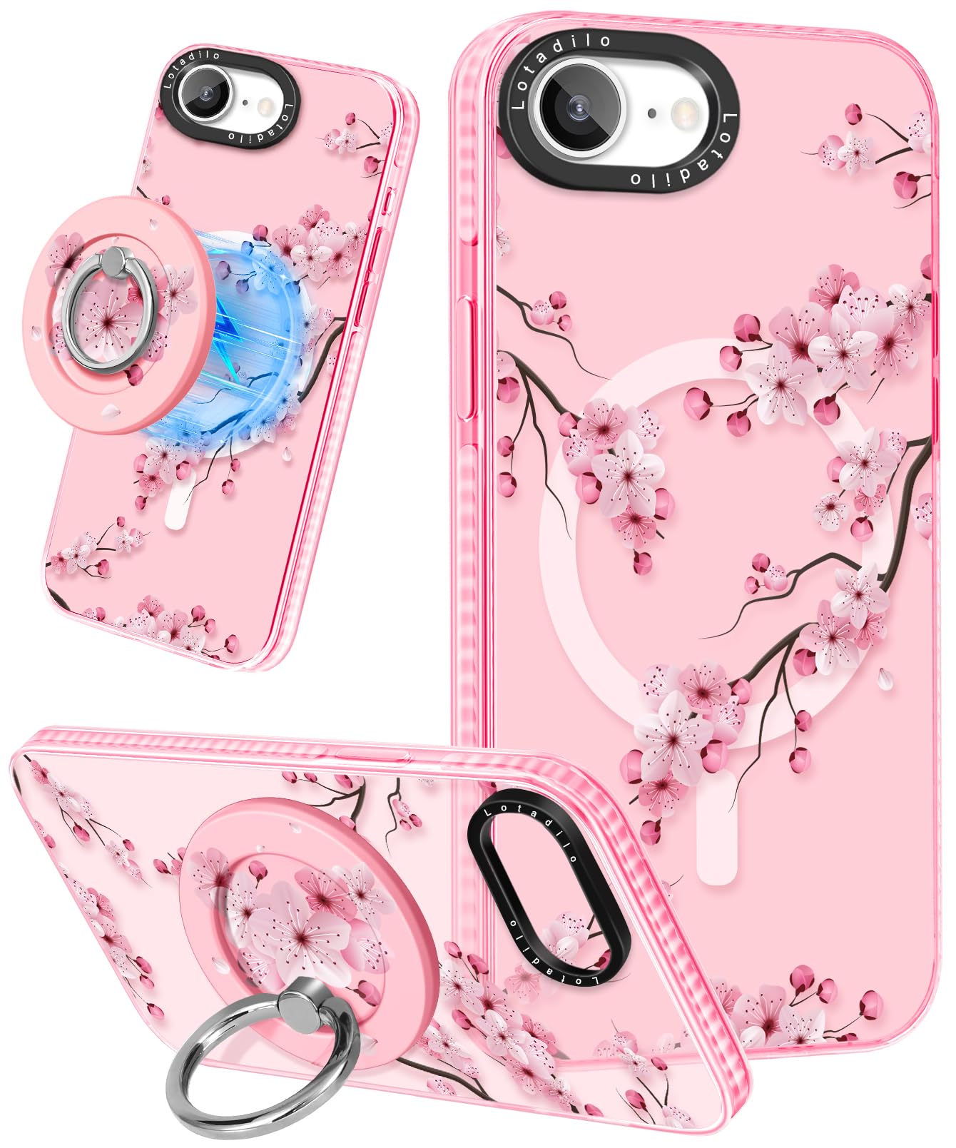 Lotadilo Cute Case for iPhone 16e for Women Girls - Funny Peach Blossom Design Compatible with Magsafe Magnetic Ring Holder Kick