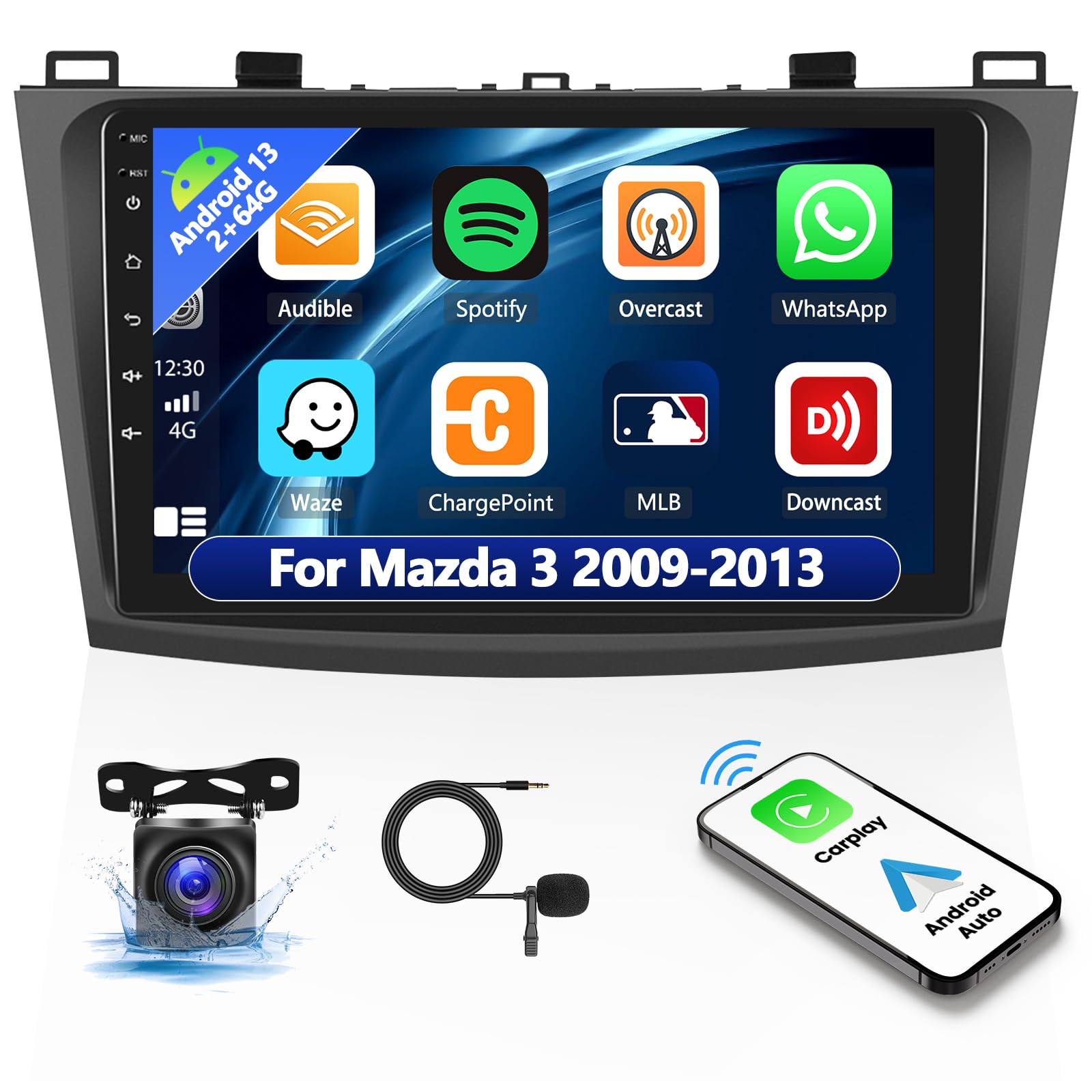 [2+64G] Android 13 Car Stereo For Mazda 3 2009 2013 With Wireless Carplay&Android Auto,9 Inch Car Radio Touch Screen Car Audio With Gps Wifi Bluetooth Fm/Rds Radio Backup Camera Swc Dual Usb/Aux In