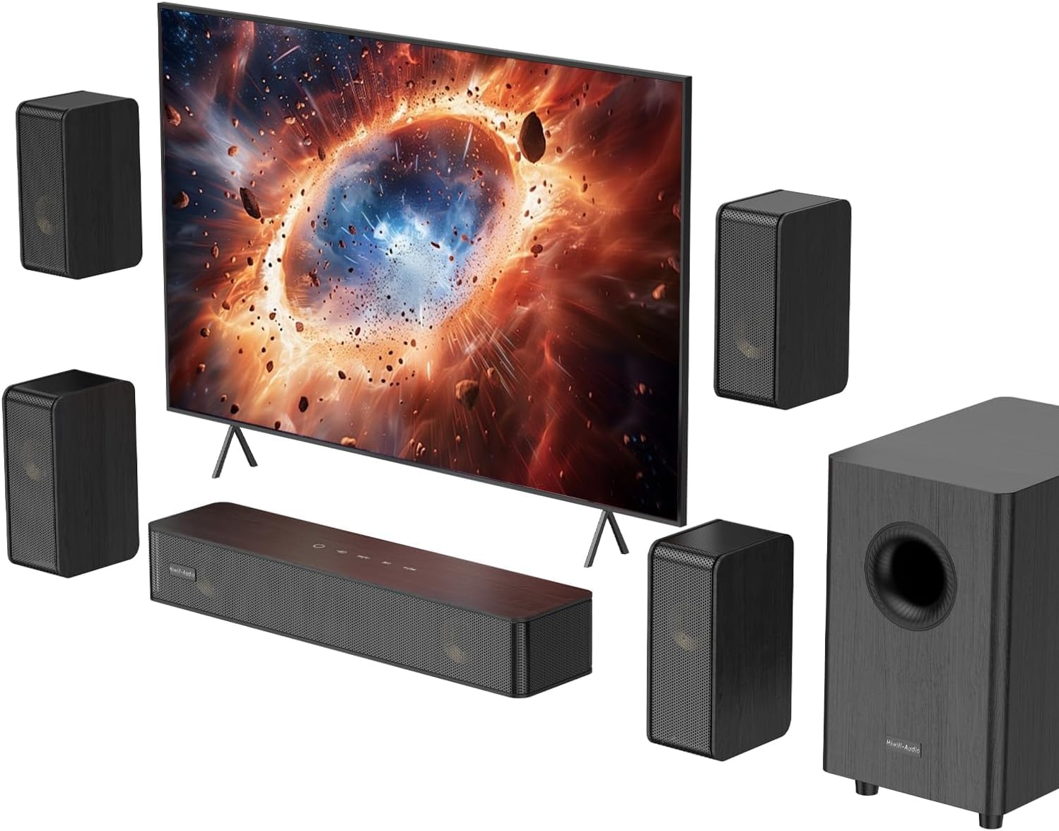 5.1.2 Virtual Surround Sound System for Small Rooms, Compact Smart TV Sound Bars Home Theater w/4 Wired Speakers, Clear Voice &