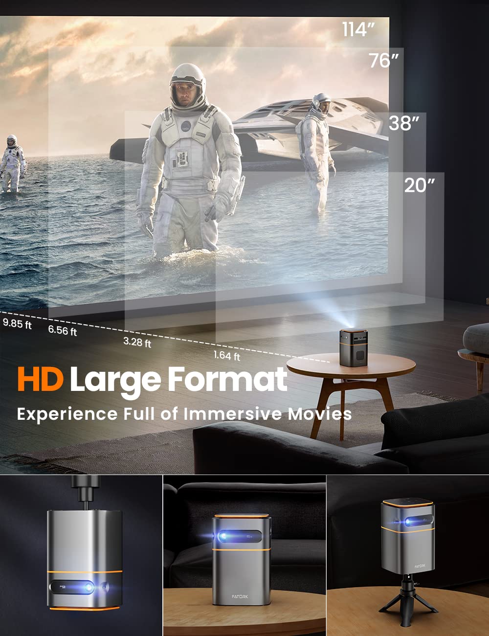 FATORK Mini Projector D042 - 1080P HD, 5G WiFi, Short Throw, Portable, Compatible with iOS/Android/TV Stick, Rechargeable