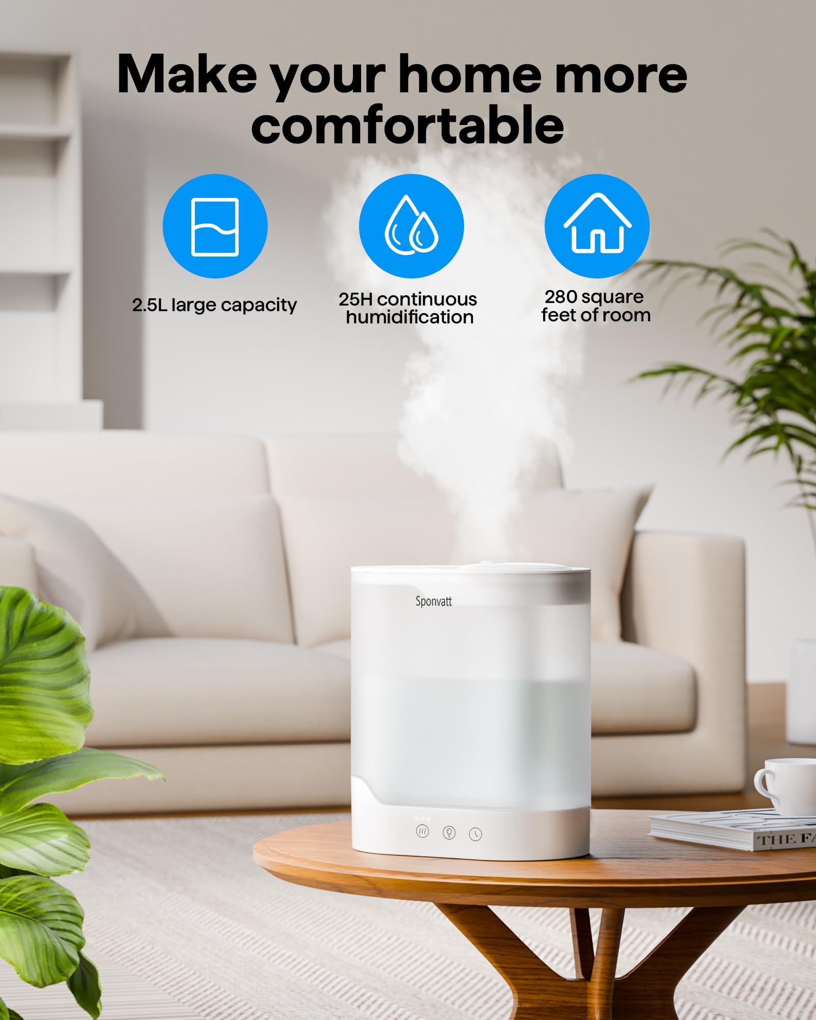 Sponvatt Humidifiers For Bedroom Home,2.5L Top Fill Cool Mist Air Humidifier For Large Room Baby Nursery,Quiet Ultrasonic,With O