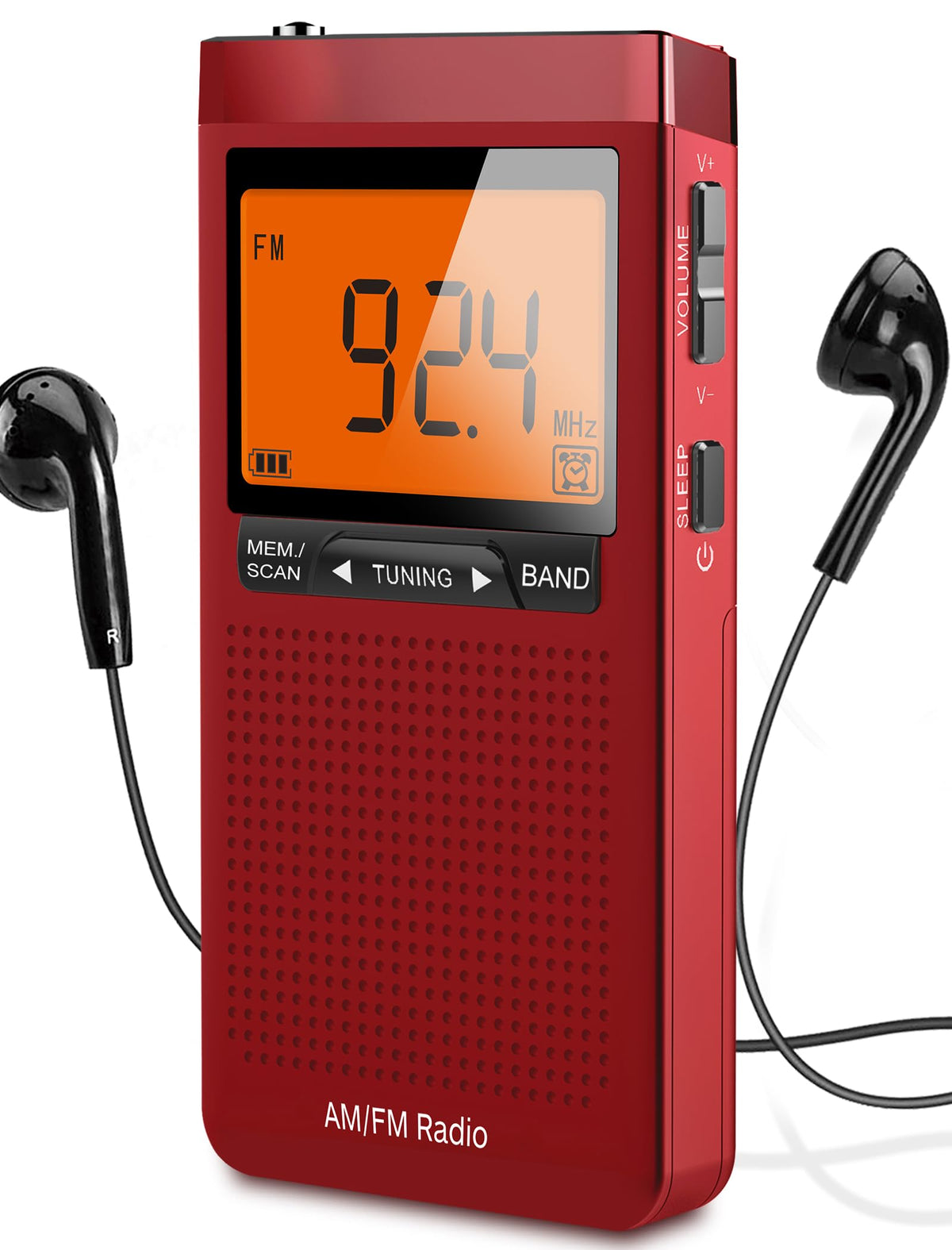 Am Fm Portable Radio Personal Radio With Excellent Reception Battery Operated By 2 Aaa Batteries With Stero Earphone, Large Lcd Screen, Digtail Alarm Clock Radio(Red)