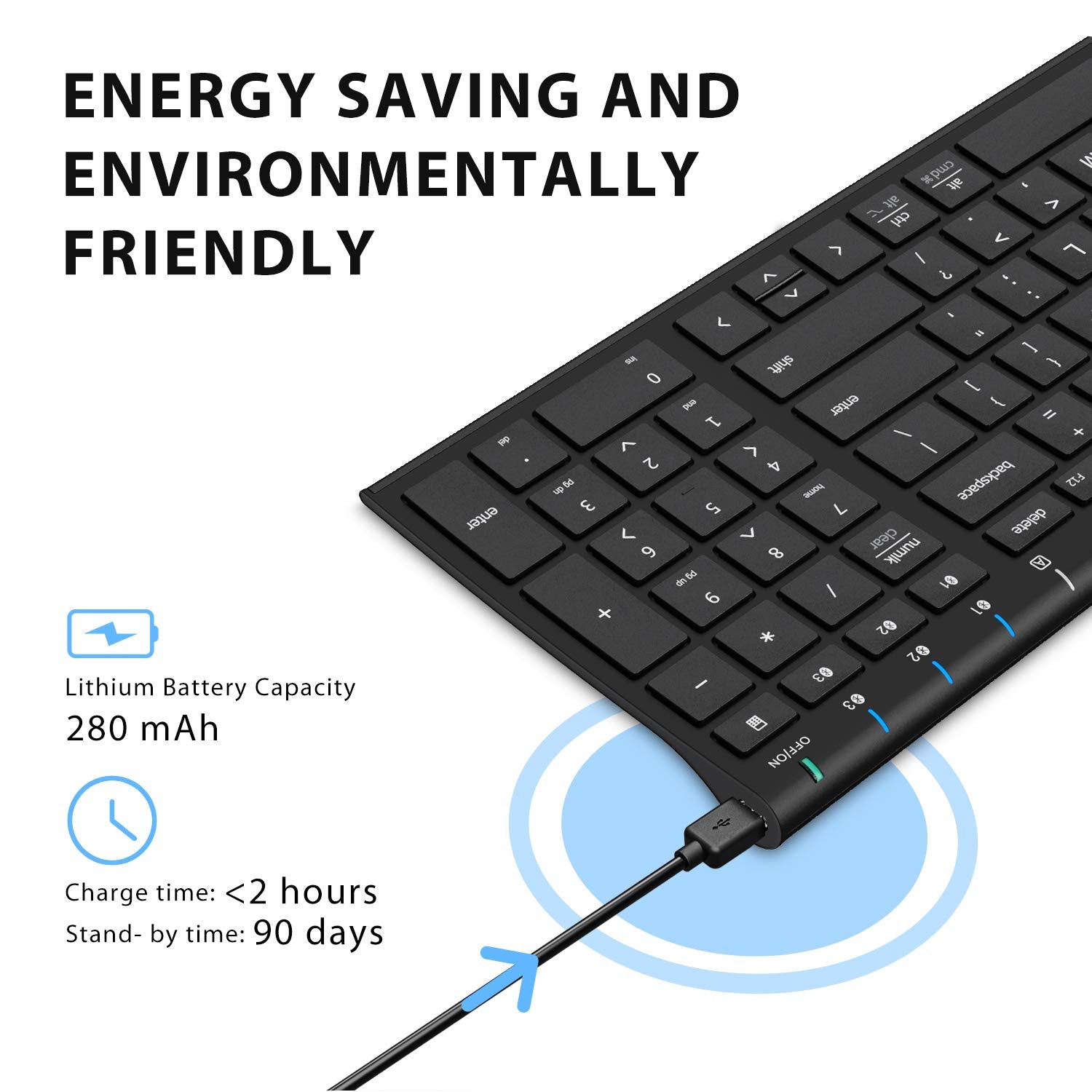 Iclever Bk10 Bluetooth Keyboard, Keyboard Usb C Rechargeable Bluetooth 5.1 With Number Pad Ergonomic Design Full Size Stable Con