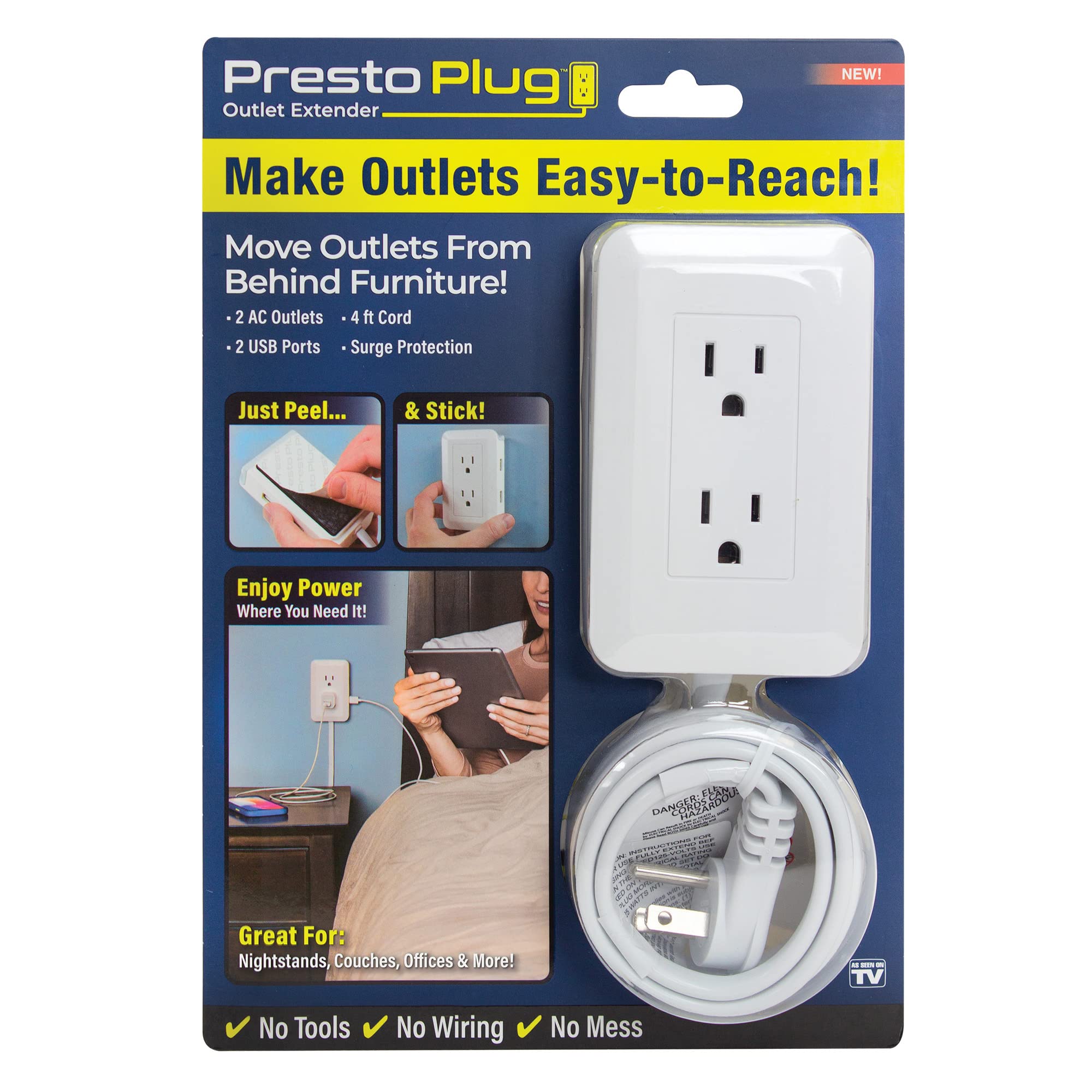 Ontel Presto Plug Outlet Extender For Relocating Unreachable Power Outlets, 4Ft Cord, Sticks Easily On Wall, Provides Surge Prot