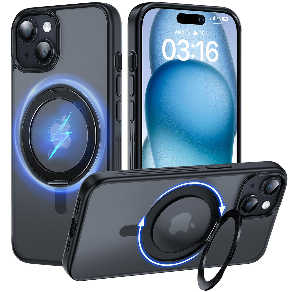 Tauri 360Rotatable Magnetic Ring For Iphone 15 Plus Case Black, [Designed For Magsafe] With Stand & Ring Holder, Translucent Mat