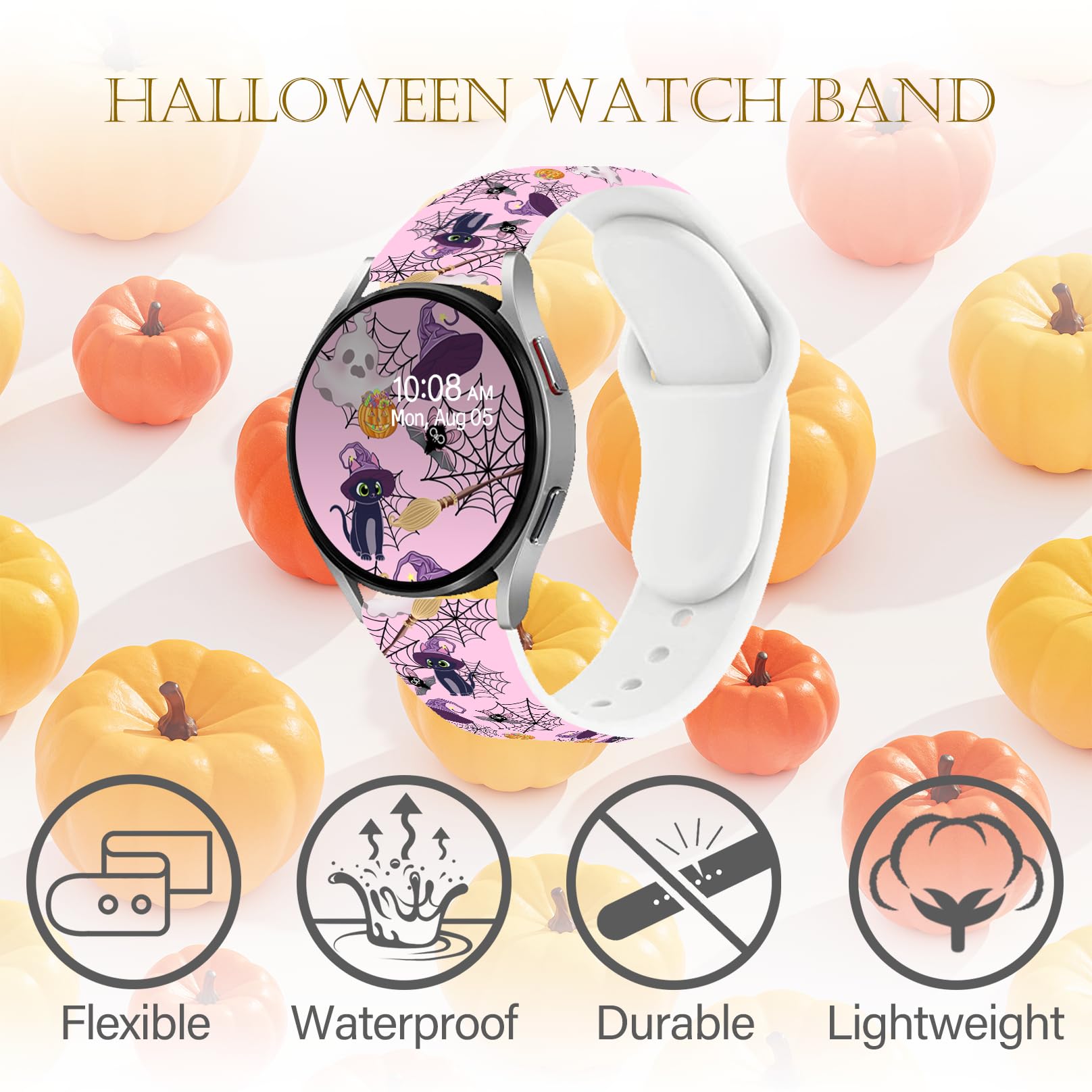 Czhwb Halloween Pumpkin Bats Bands Compatible With Samsung Galaxy Watch 40Mm 41Mm 42Mm 44Mm 45Mm, 20Mm Ghost Spyder Balck Cats P