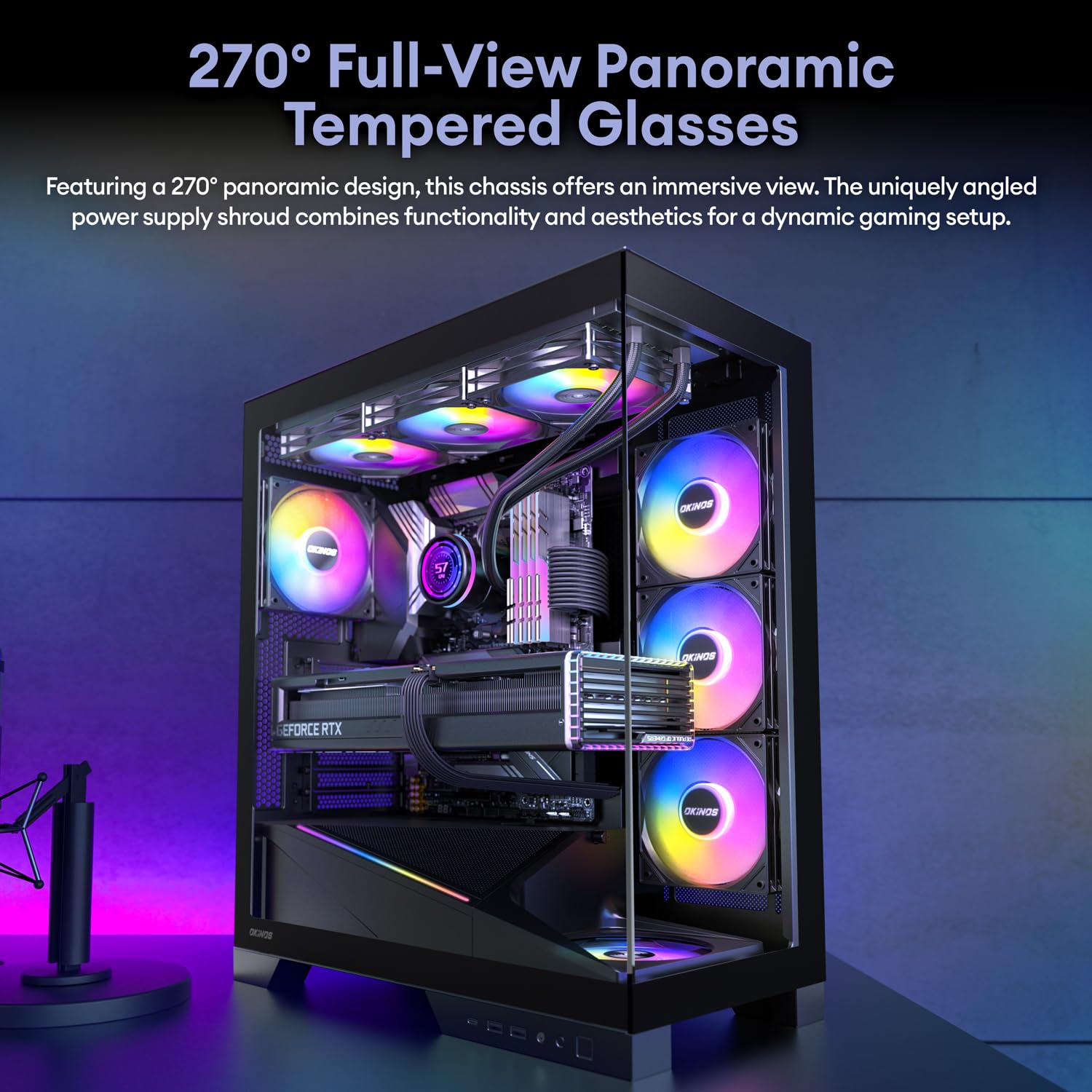 Okinos Aqua 9, Atx Pc Case, 5    120Mm Argb Pwm Fan Pre-Installed, Support Top & Side Dual 360Mm Radiator, Back-Connect Motherbo