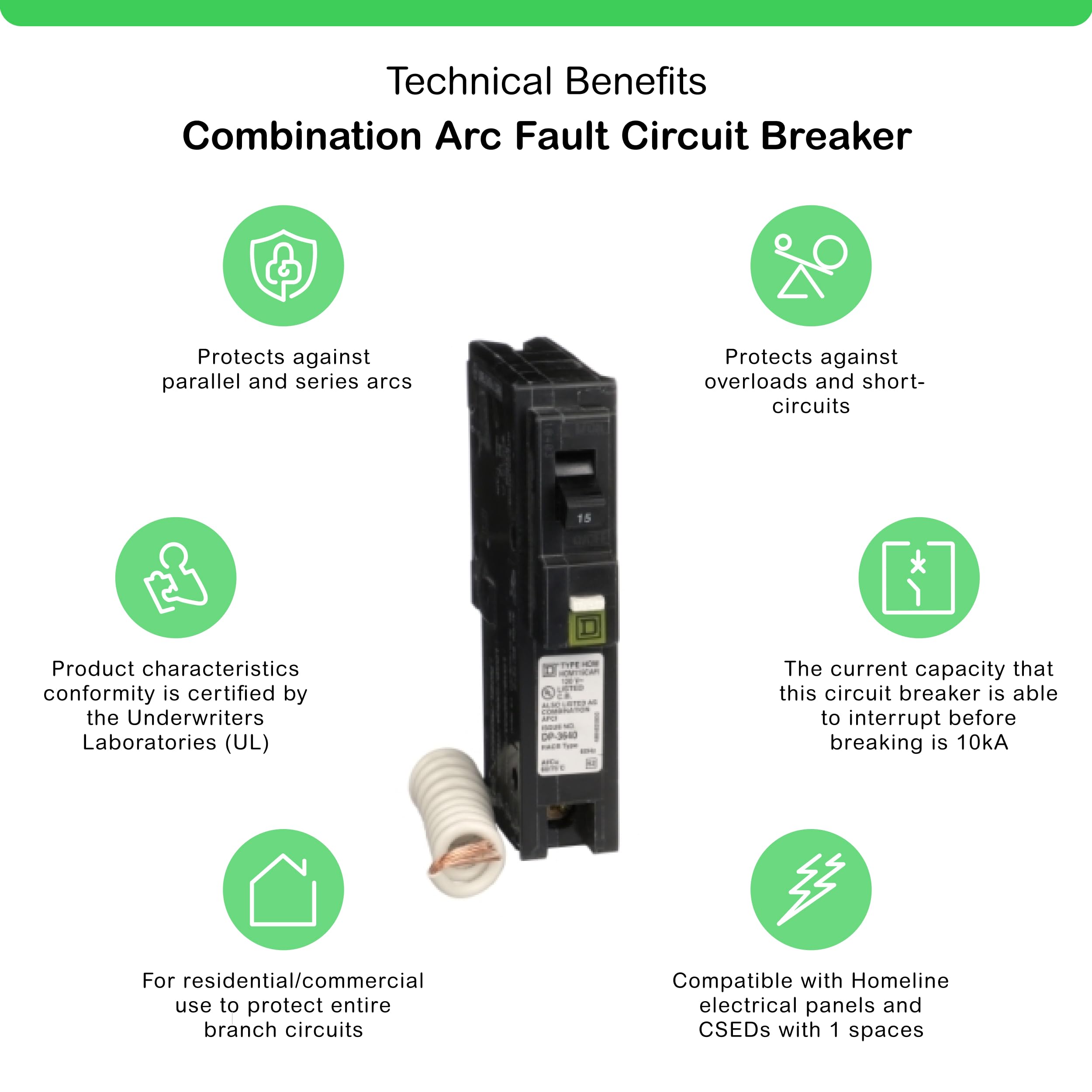 Square D   Hom115Cafic Homeline Circuit Breaker, 15 Amp, 120V, 1 Pole, Cafci, Plug In Mount