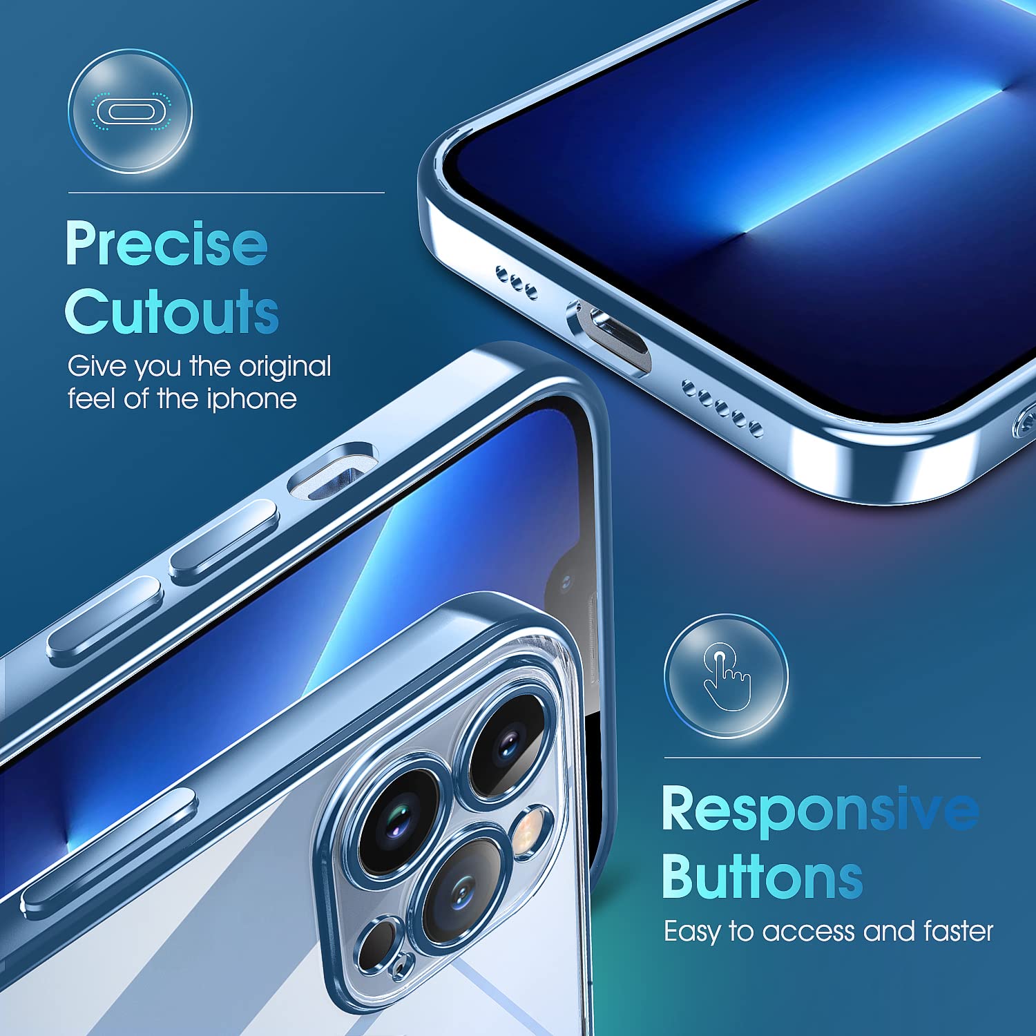 Supdeal Crystal Clear Phone Case iPhone 13 Pro Military Drop Tested Anti-Yellowing Camera Protection Silicone Blue 6.1 inch