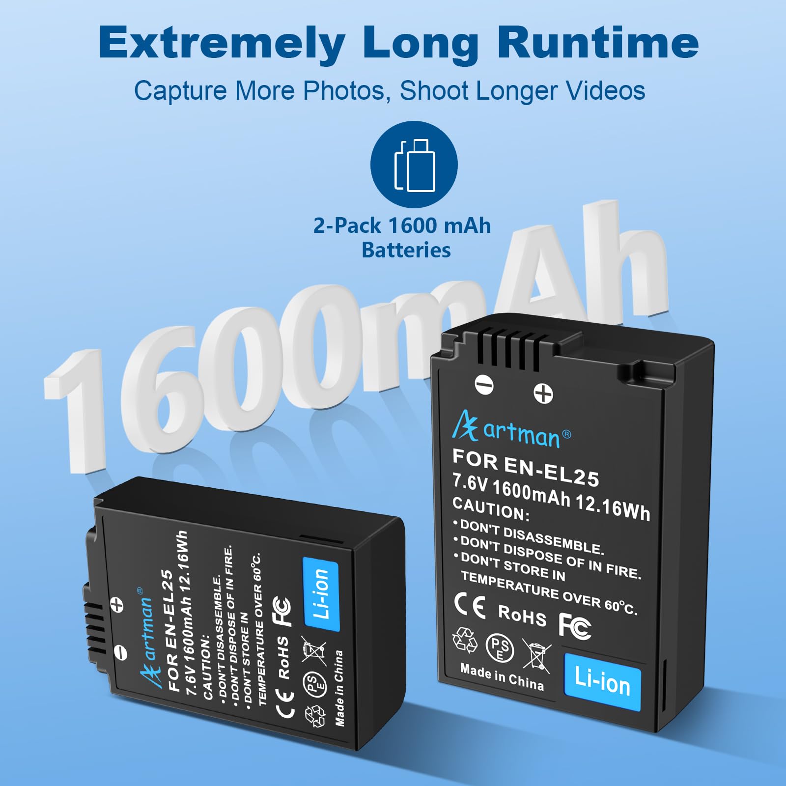 Artman En El25 En El25A Battery 2 Pack 1600Mah And Usb C Lcd Dual Charger Compatible With Nikon Z30 Z50 Zfc Camera 4241 Enel25 E