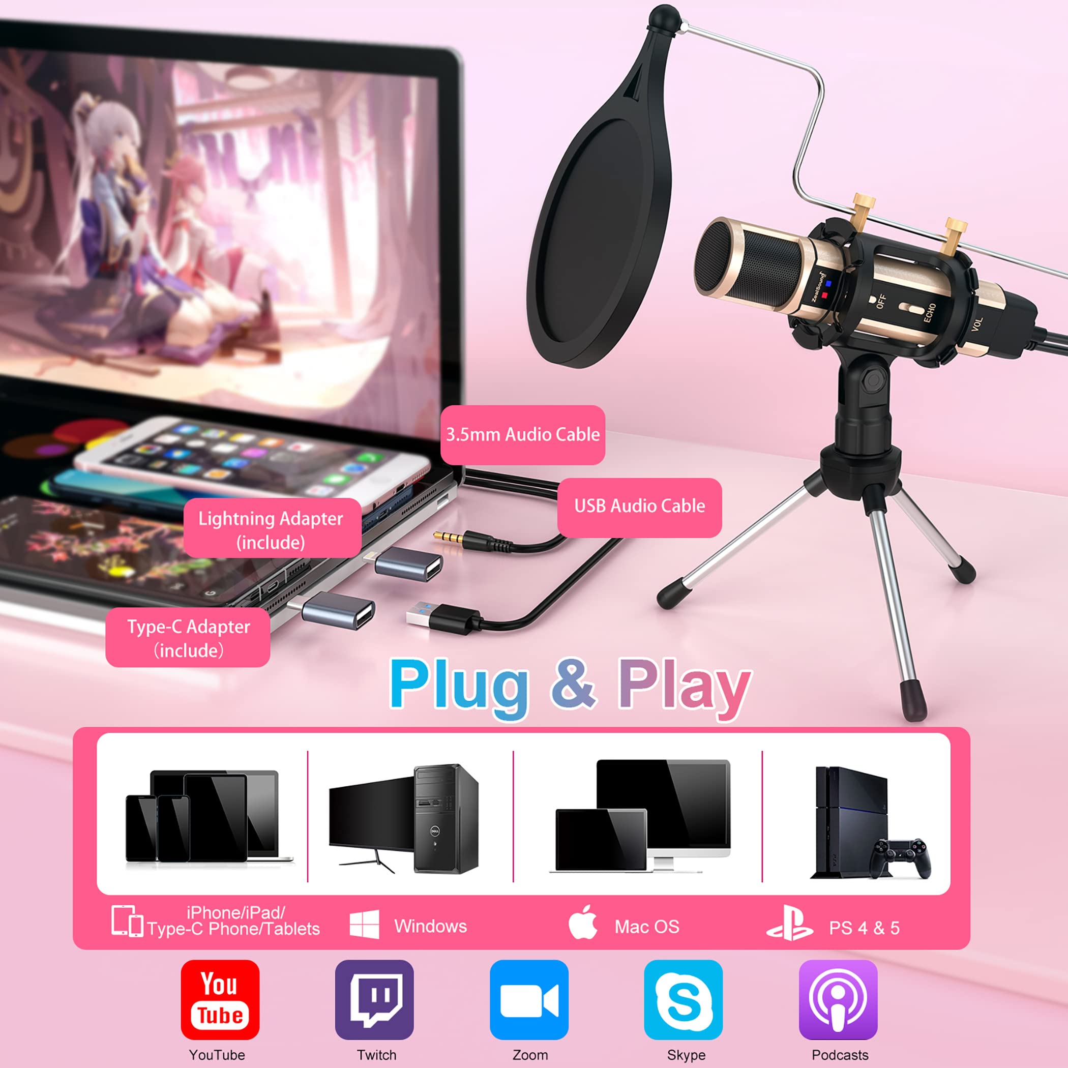 Zealsound Studio Recording Microphone, Condenser Broadcast Microphone W/Stand Built-In Sound Card Echo Recording Karaoke Singing