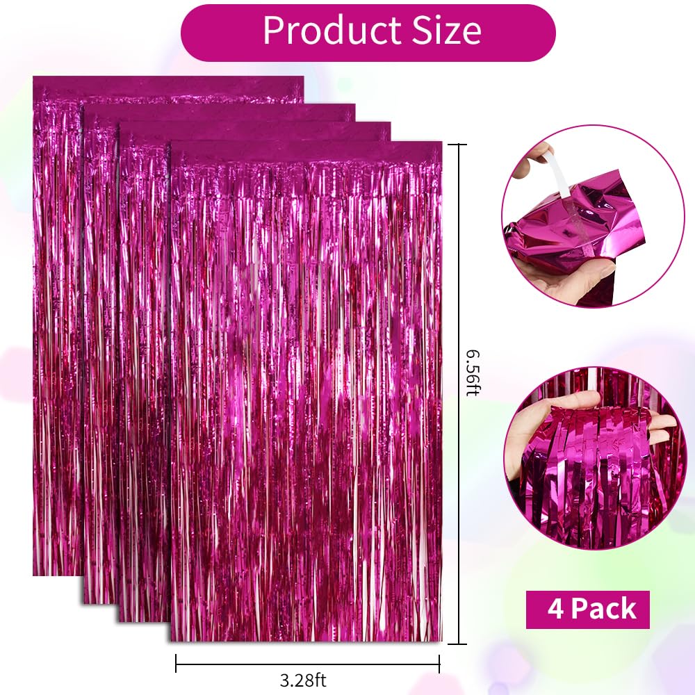 Beishida 4 Pcs Hot Pink Rosered Door Streamers Curtain Party Streamers Backdrop Fringe Foil Wall Background For Party Decoration