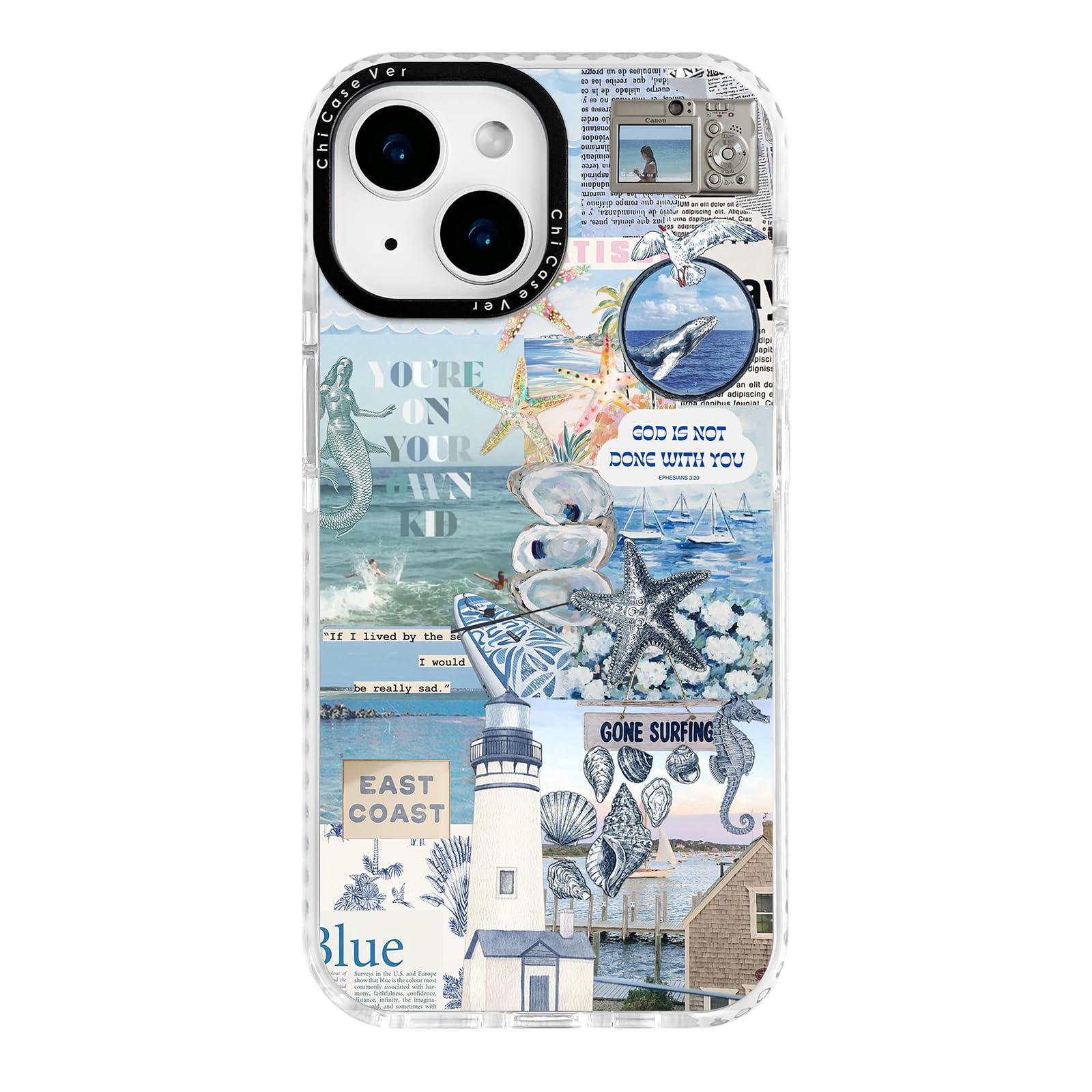 ChiCaseVer for iPhone 15 Plus Case,Coastal Inspiration Collage with Mermaid,Military-Grade Drop Protection,Vintage Coastal Soft 